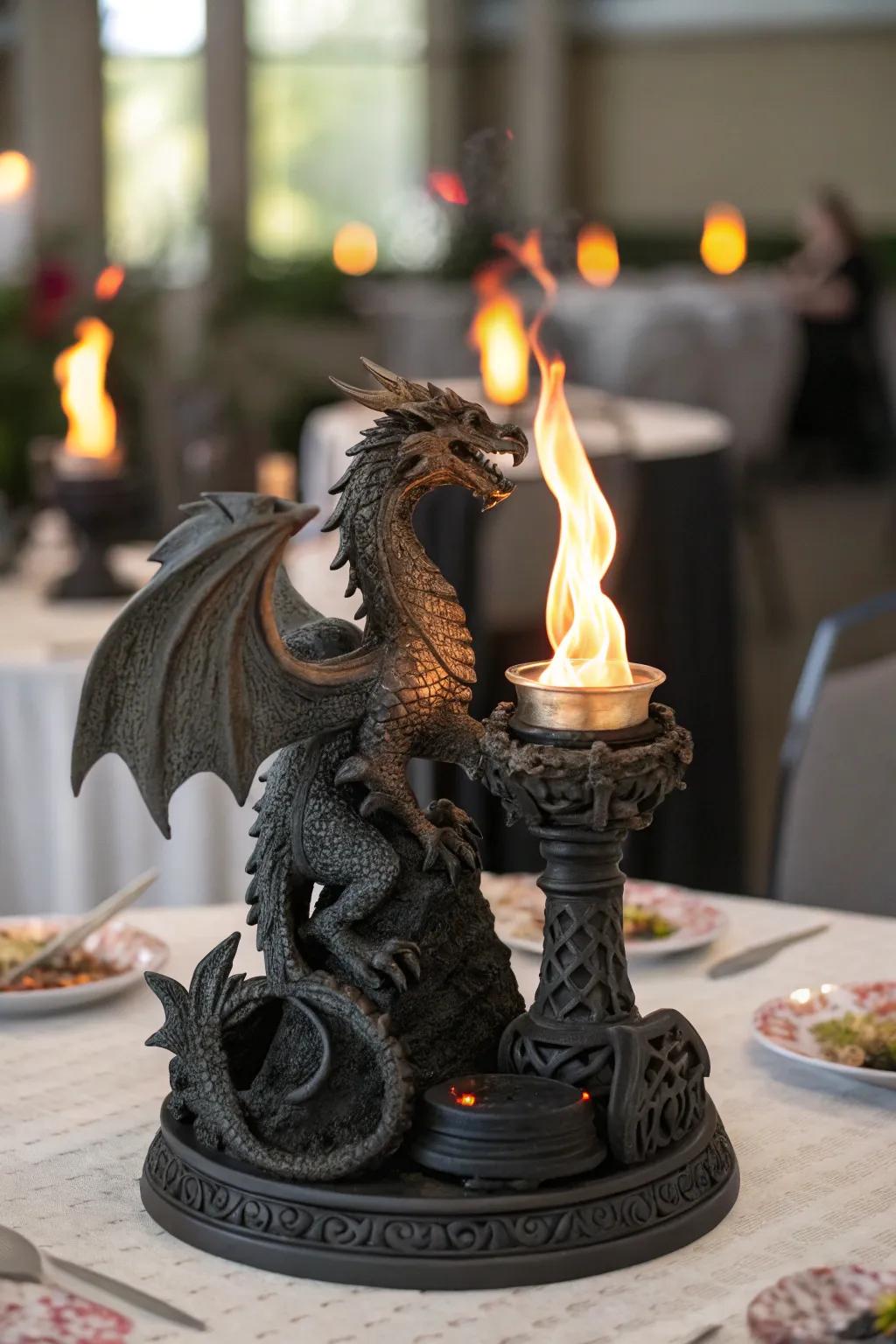 Blazing centerpieces produce an enchanting ambiance.