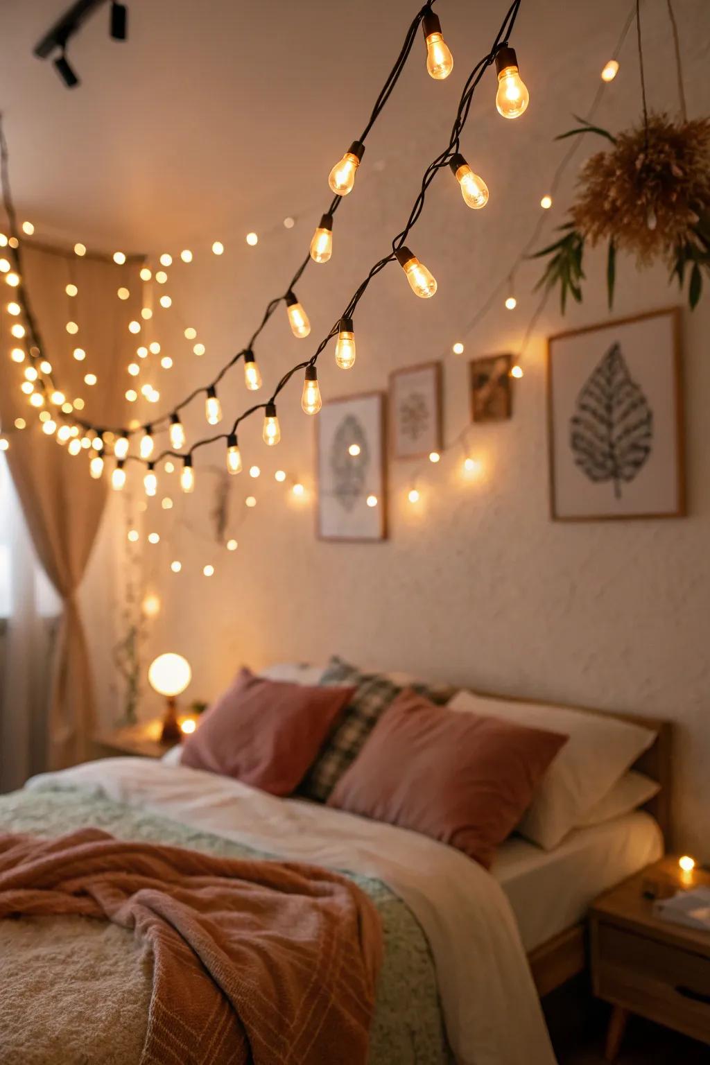Miniature lights introduce a magical radiance to your impressive bedroom.