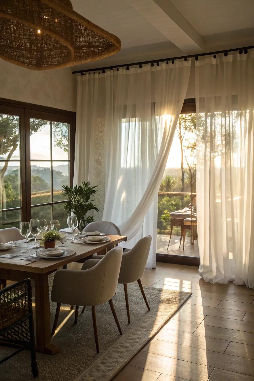 Sheer white curtains filling a dining room with a light and airy ambiance.