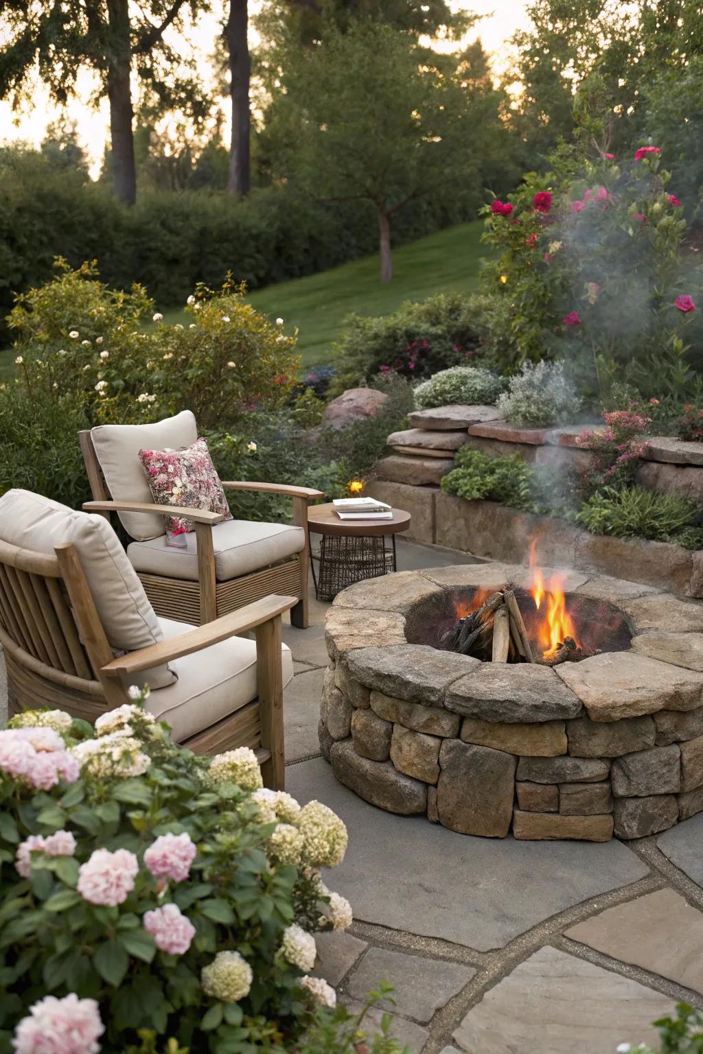 A cozy fire pit for warm get-togethers in the garden.