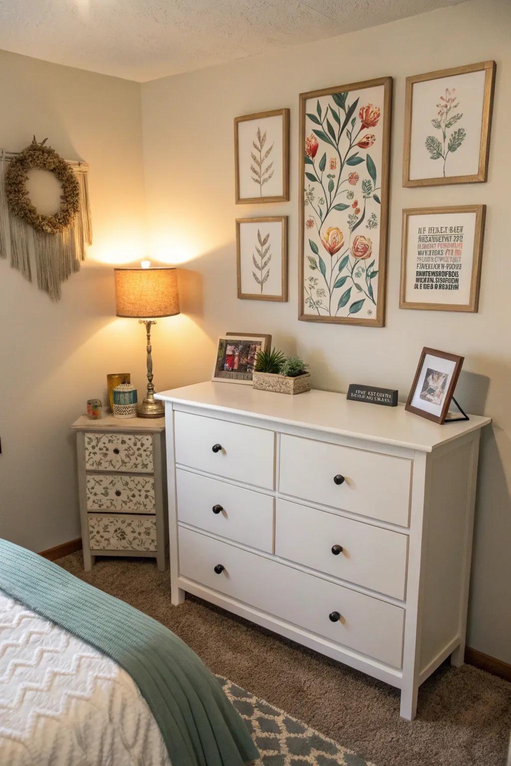 A small dresser with artwork above, crafting a chic vertical point of interest.
