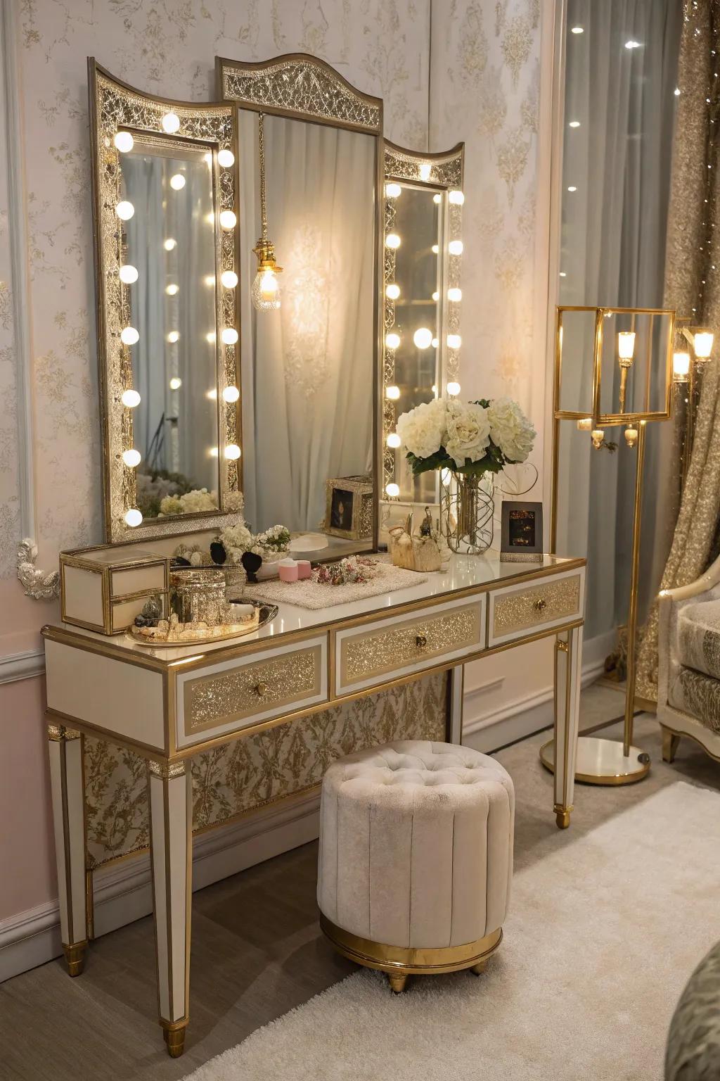 Design a glamorous sanctuary with lavish vanity features.