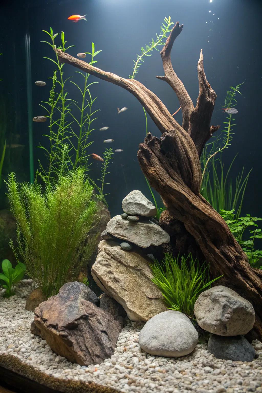 A harmonious integration of aquatic wood and stones inside an exquisitely stabilized waterscape.