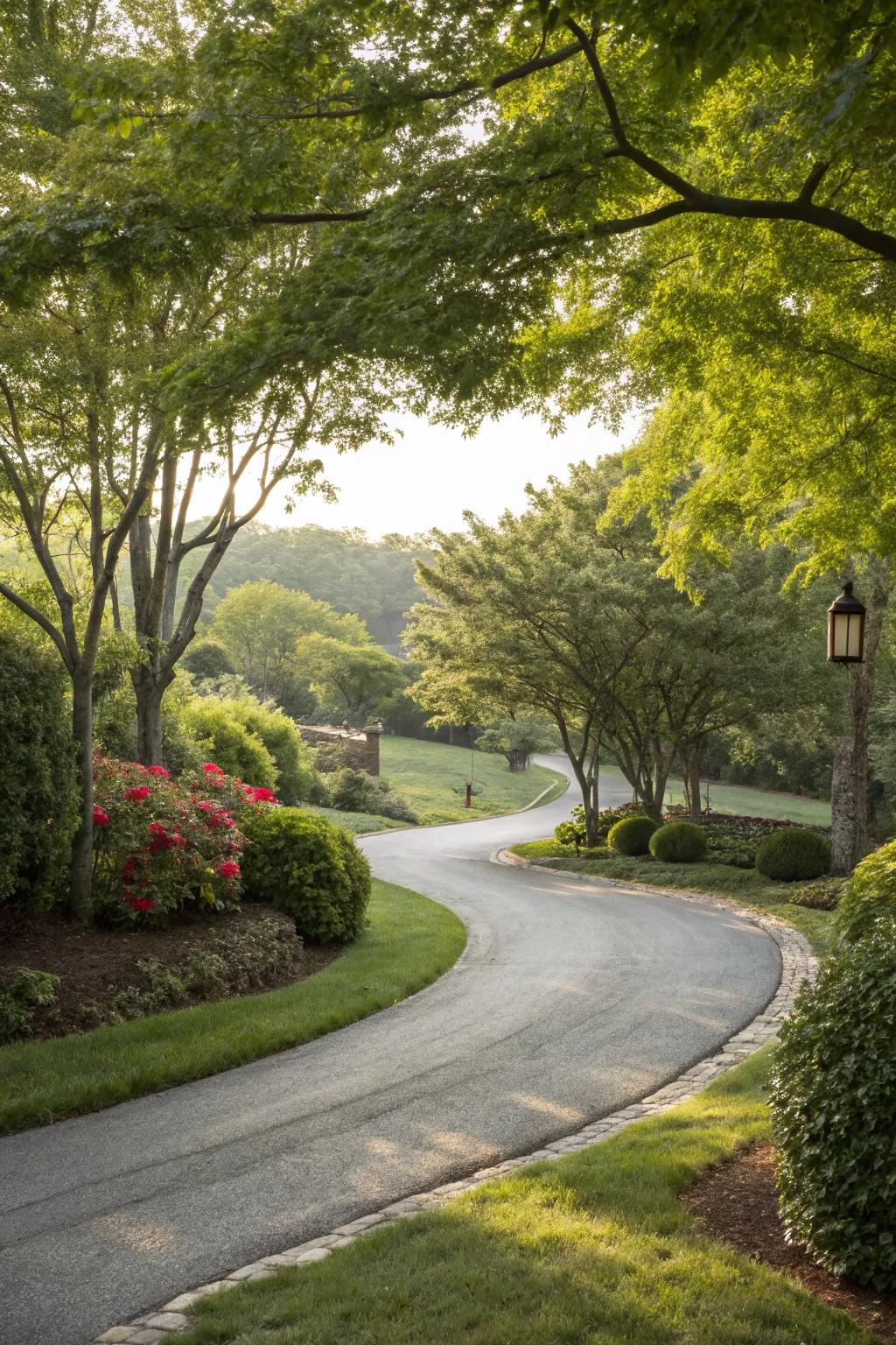 Curved driveway arrangement enhancing the landscape's fluidity.