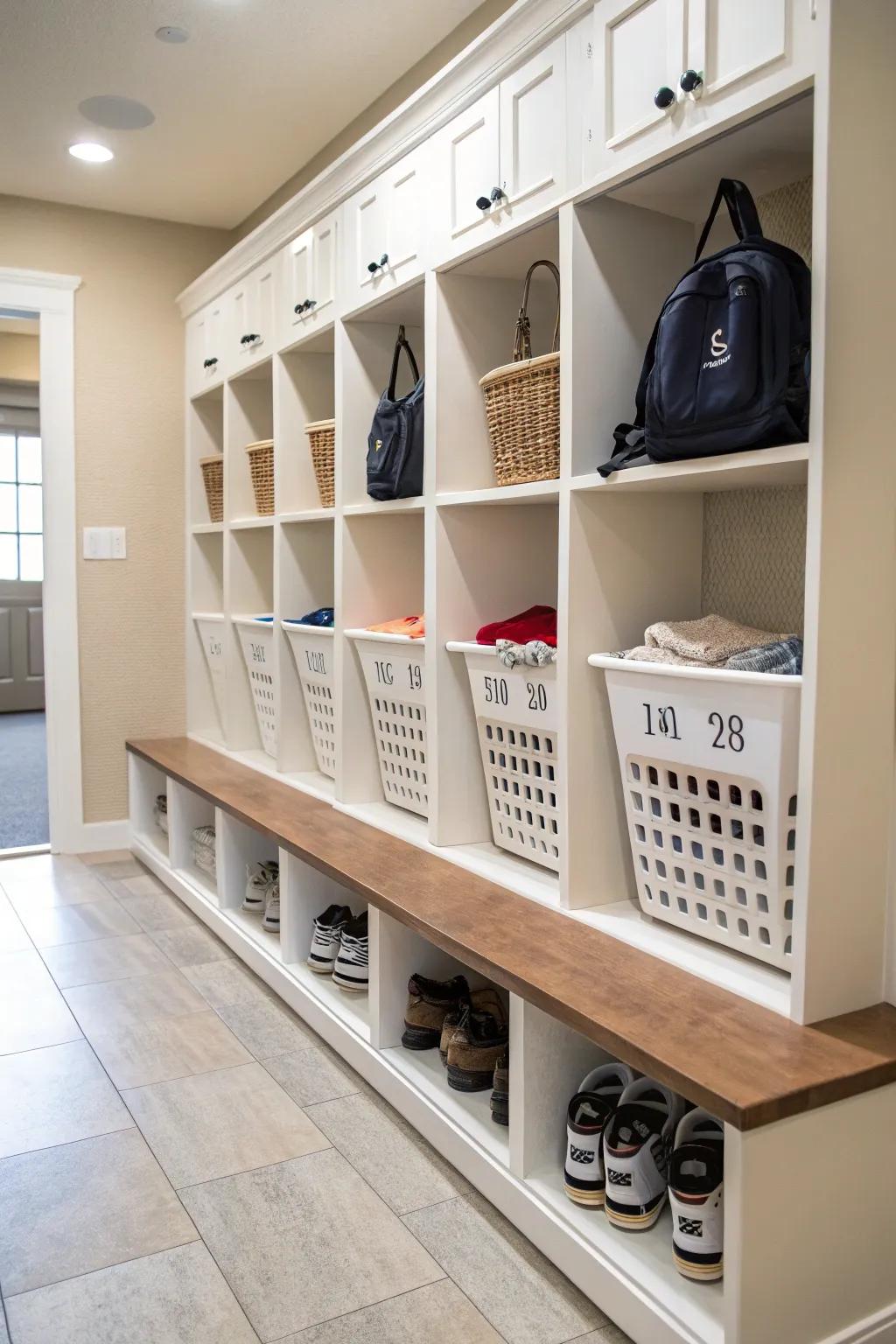 Bins in cubbies, with labels, keep things tidy.