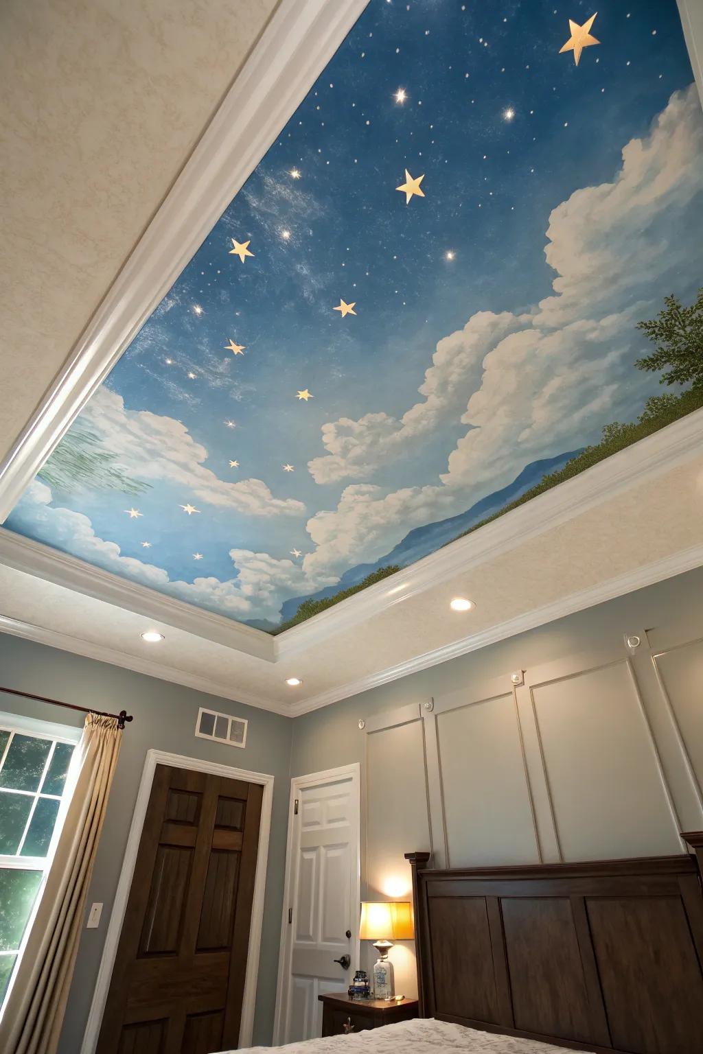 Ceiling murals elevate spaces into artistic displays.