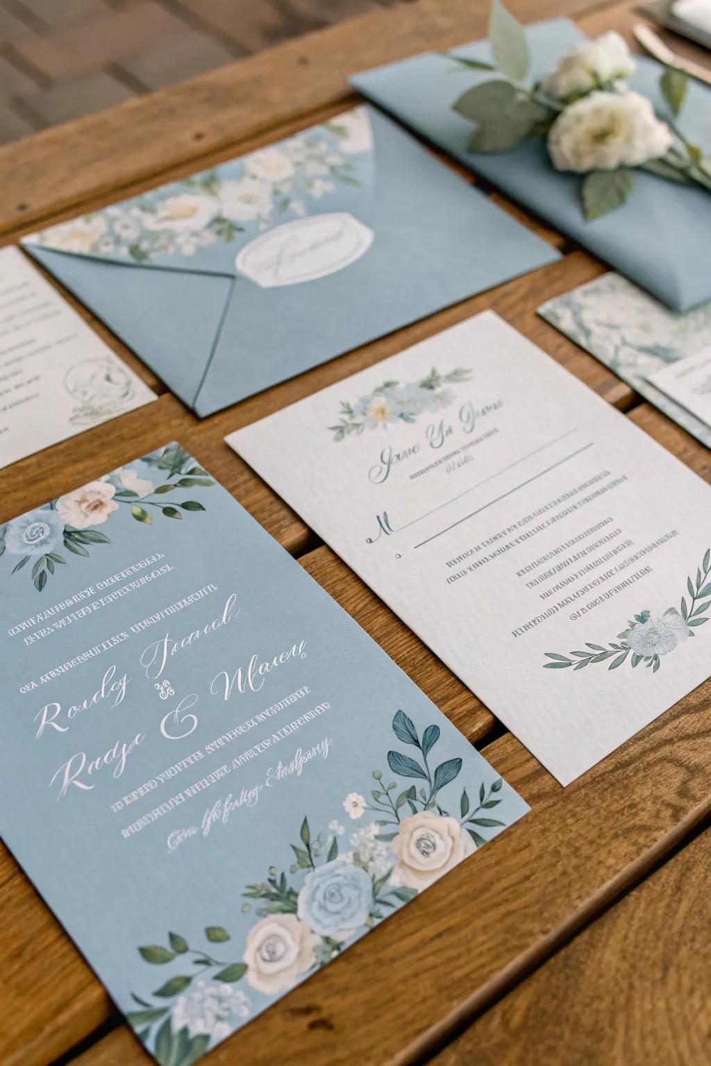 Chic and sophisticated hazy azure invitations that establish the impeccable ambiance for your wedding.
