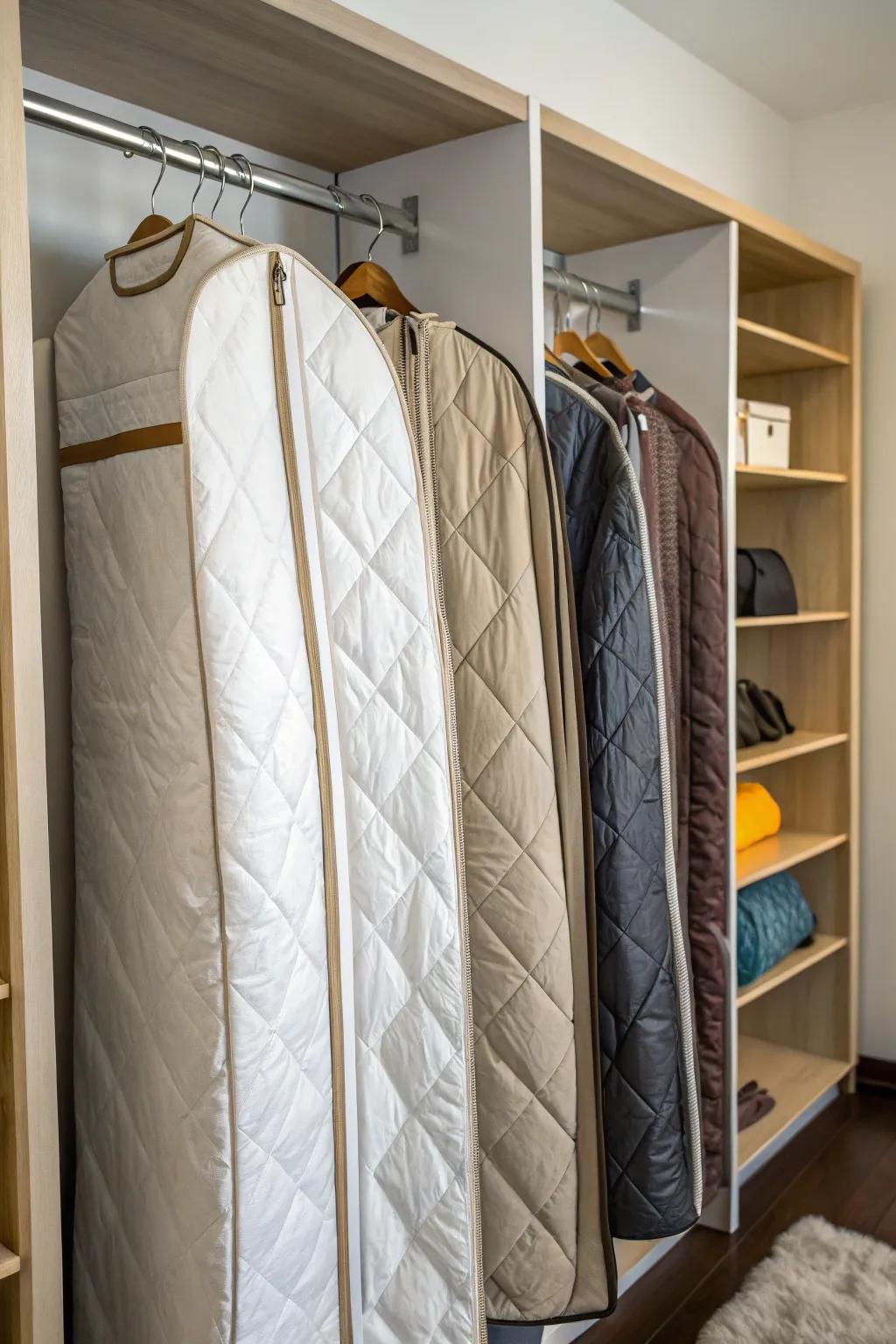 Hanging duvets in garment bags: a space-saving solution.