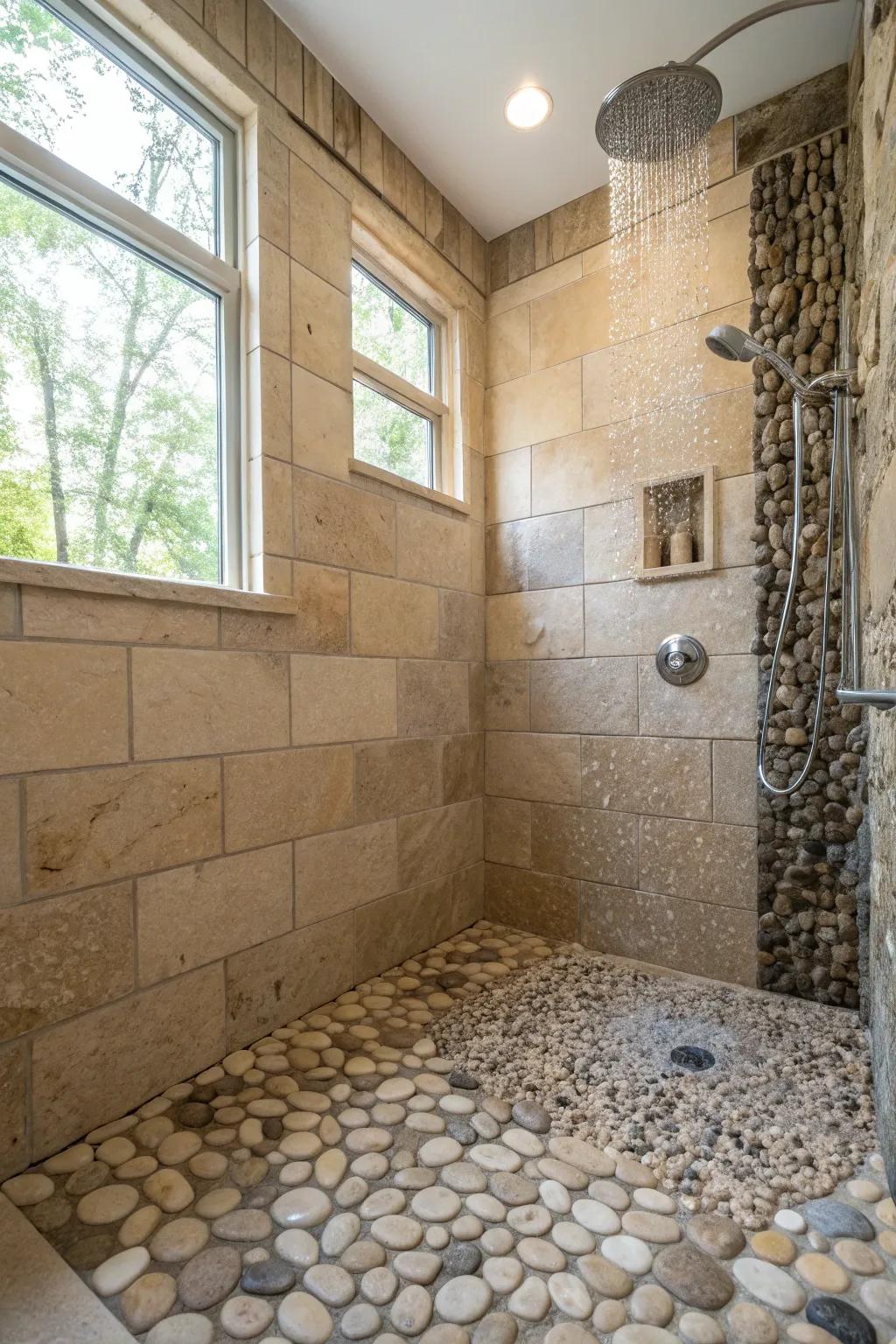 Textured elements, like cobblestone tiles, infuse a natural sensation into the bathroom.