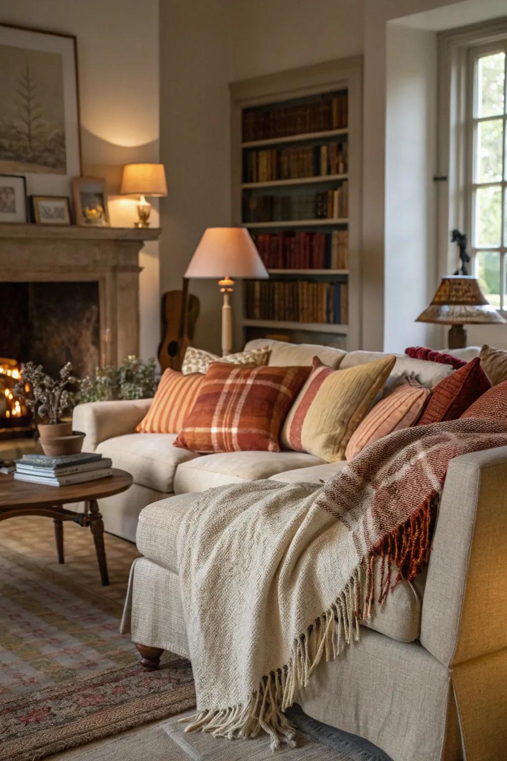 Living room featuring layered fabrics for added texture.