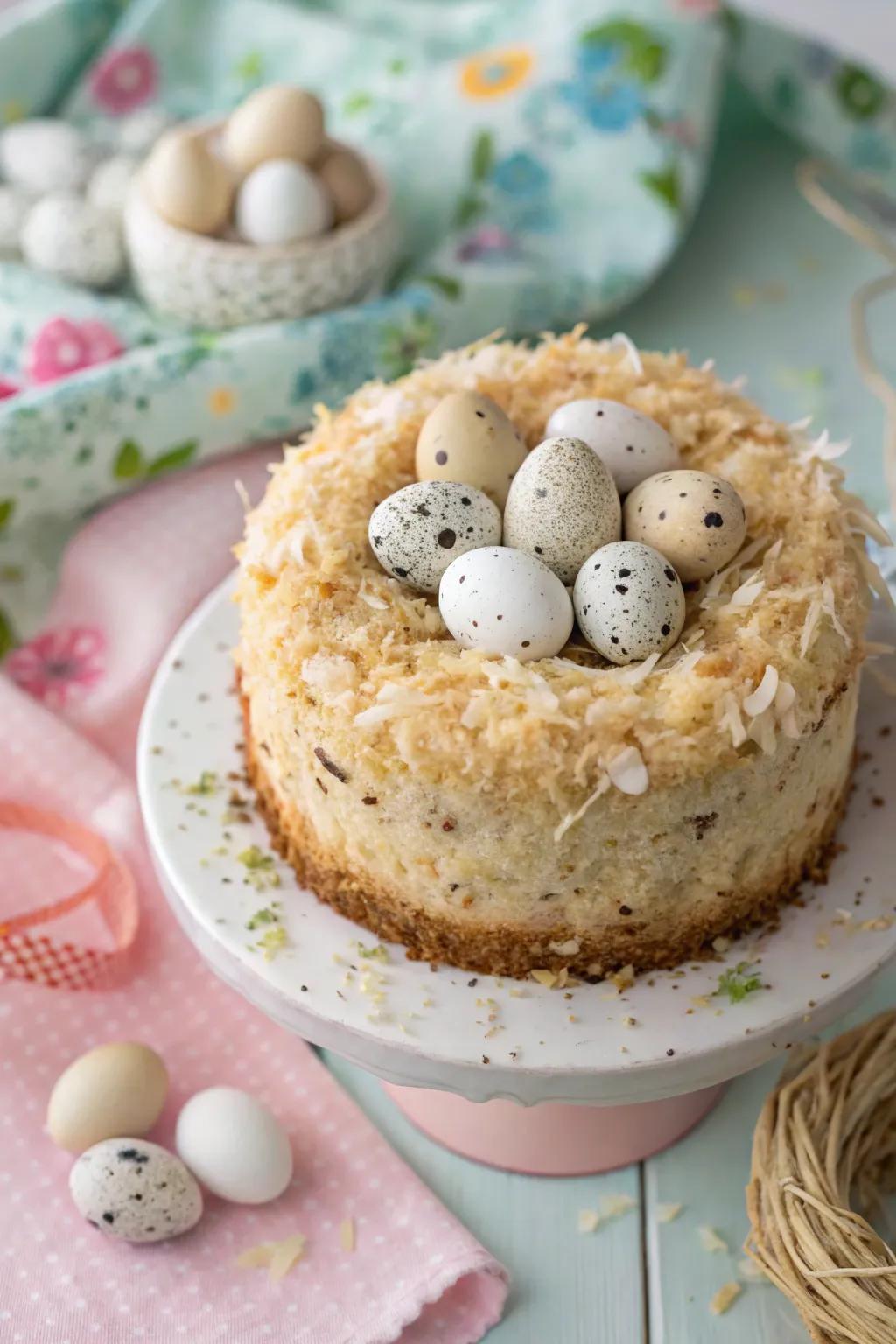 A speckled gem nest appends an elegant touch to this Easter cake.