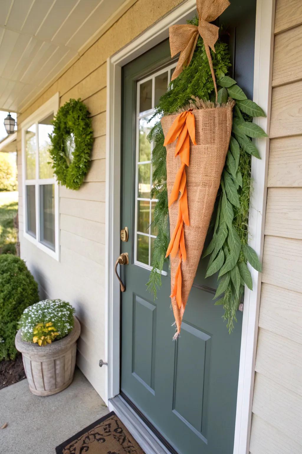 A homespun carrot portal ornament introduces a playful Easter element.