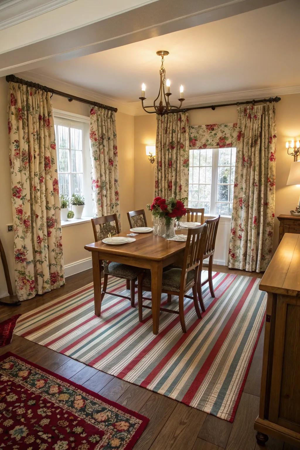 A dining room featuring a delightful array of mixed patterns.