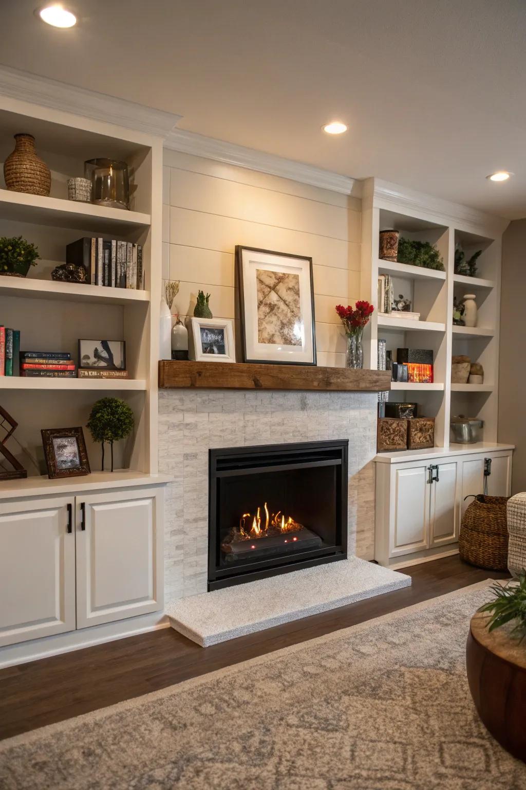 A built-in fireplace offers both elegance and storage capabilities.