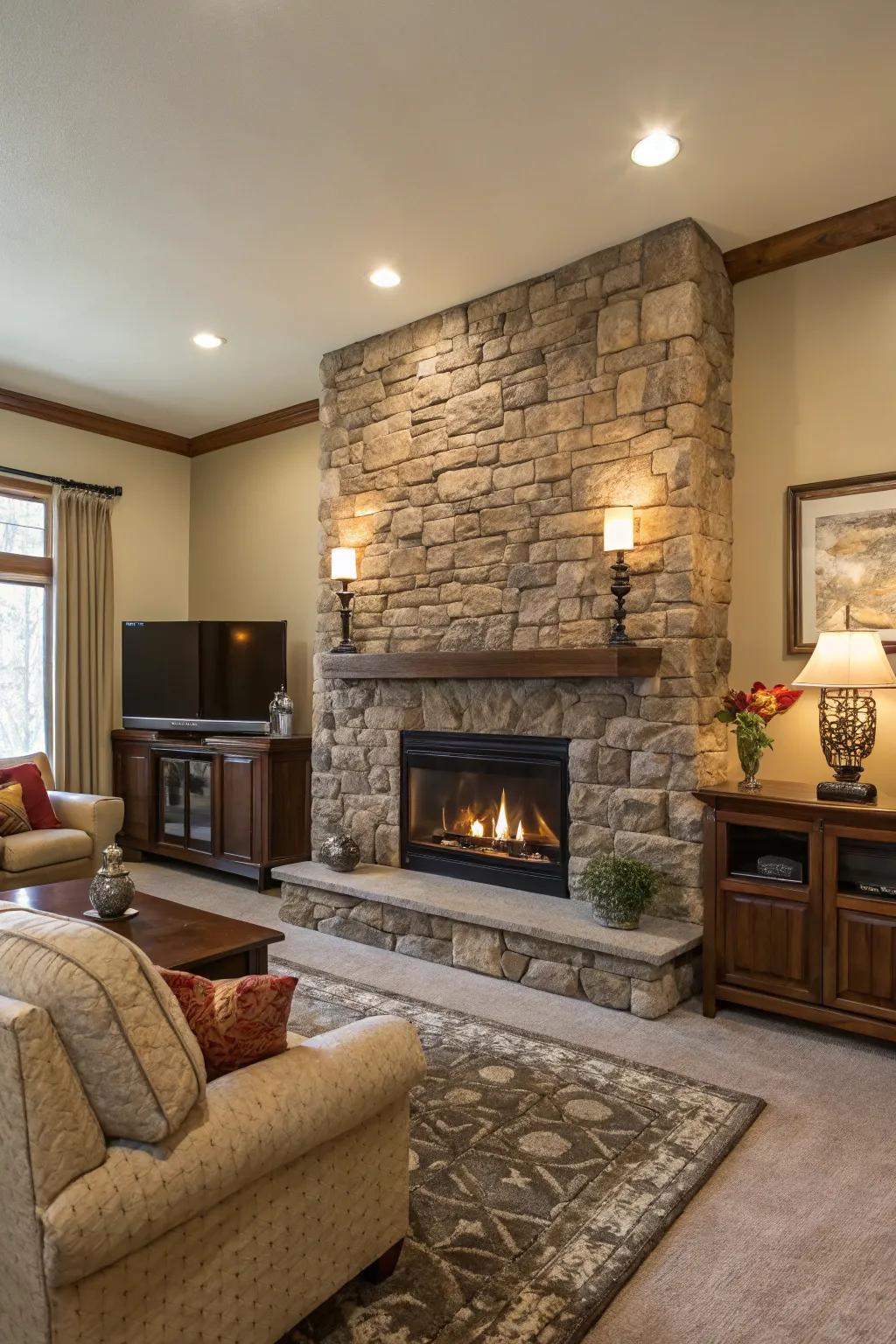 A stone featured wall with an integrated electric firebox