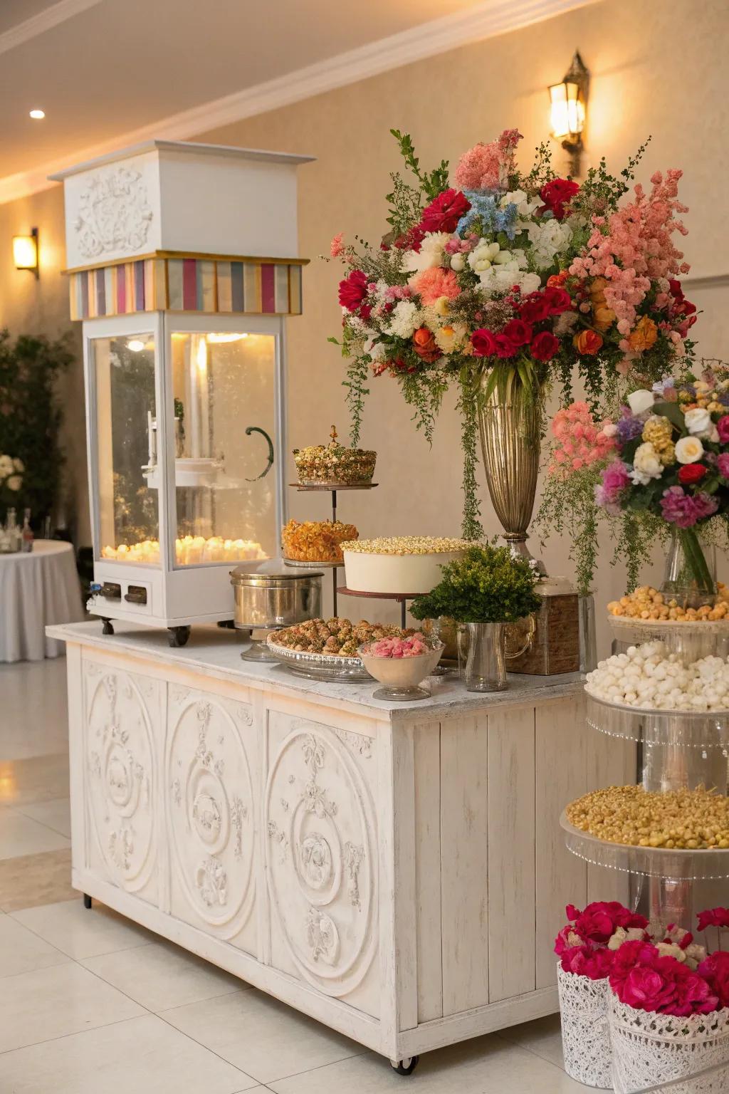 An elegant popcorn bar table accentuated with lavish floral decorations, enhancing the wedding's sophistication.