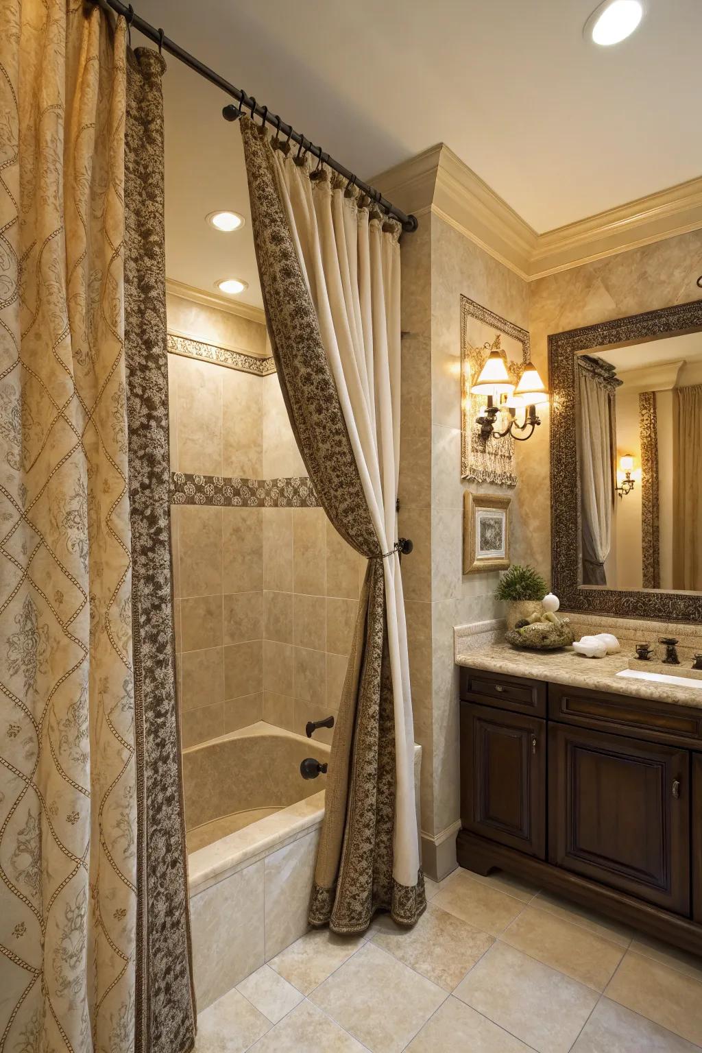 A luxurious bathroom showcasing elegantly draped, layered shower curtains.