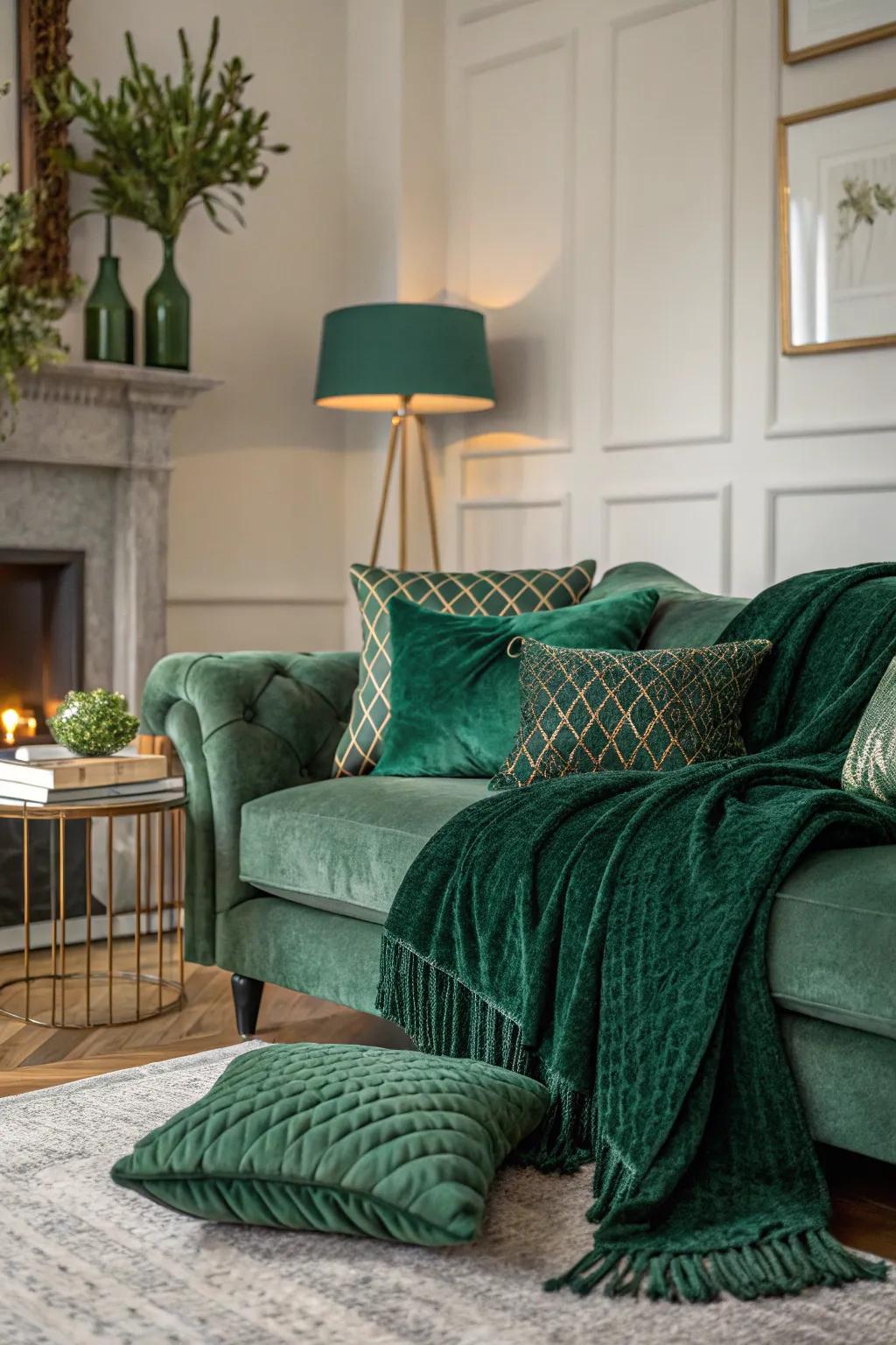 Layered textures using deep green shades for enhanced coziness.