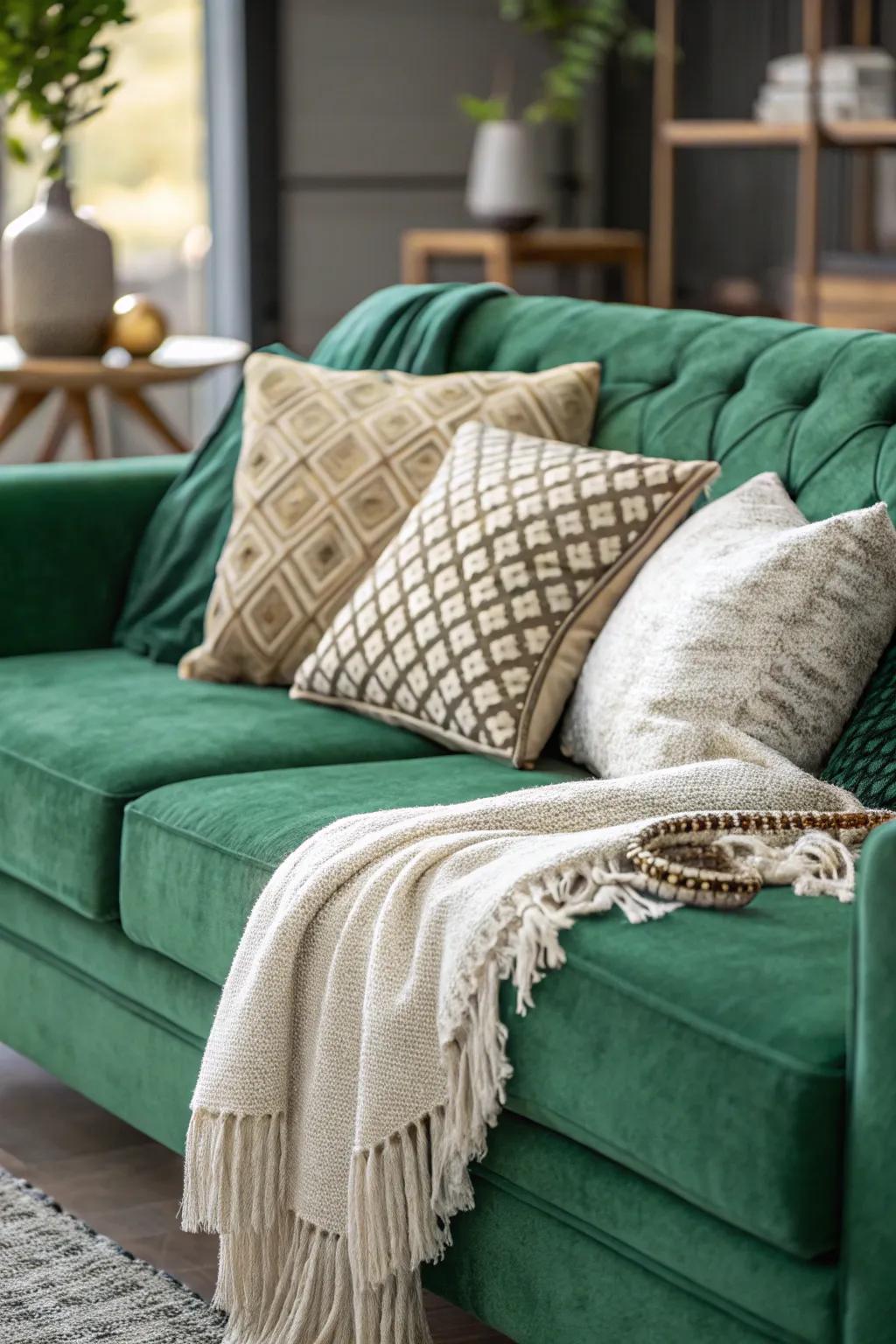 Textured cushions introduce comfort and style to a deep-green couch.