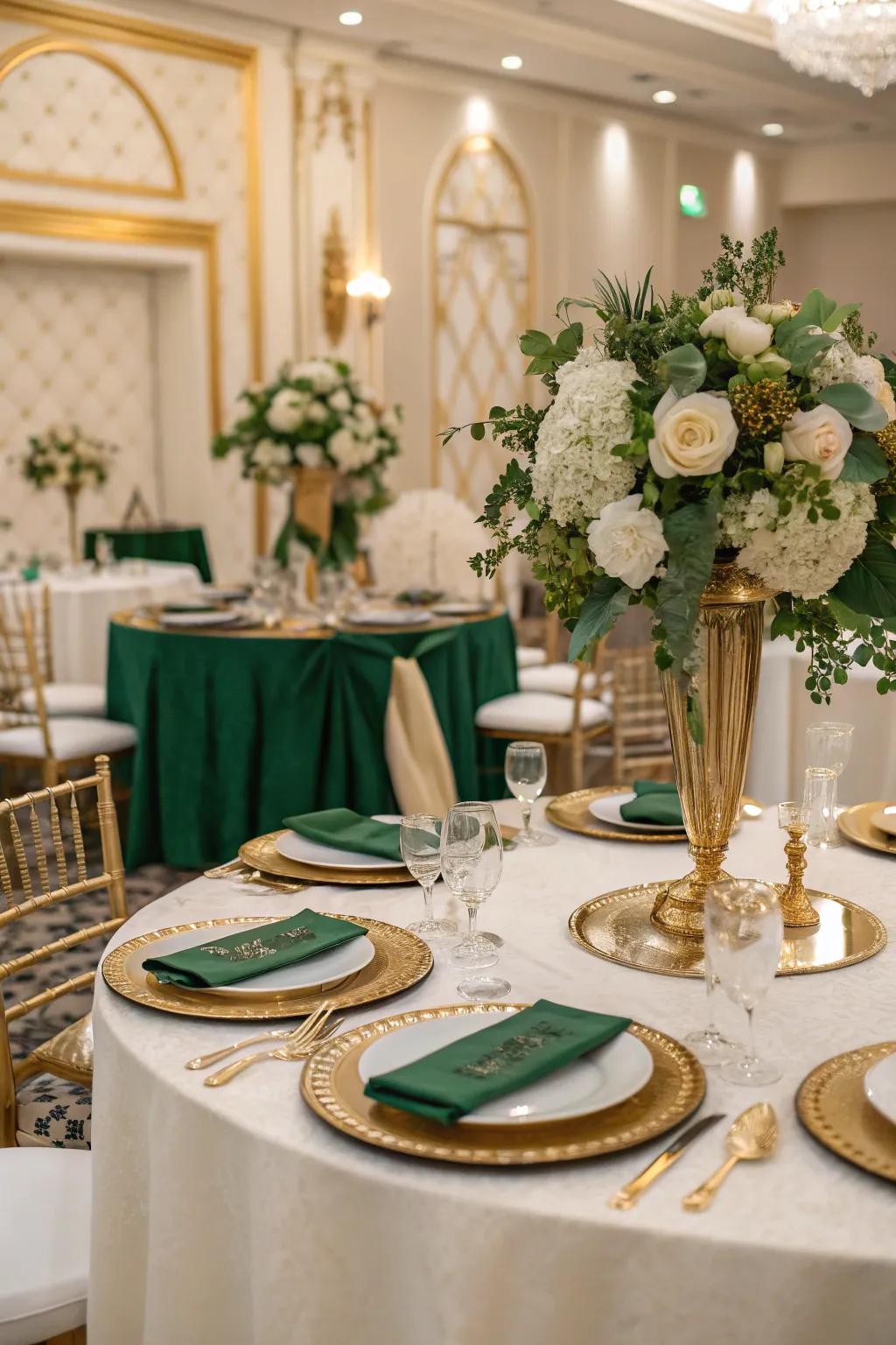 A refined color coordination of emerald green, gold, and ivory.