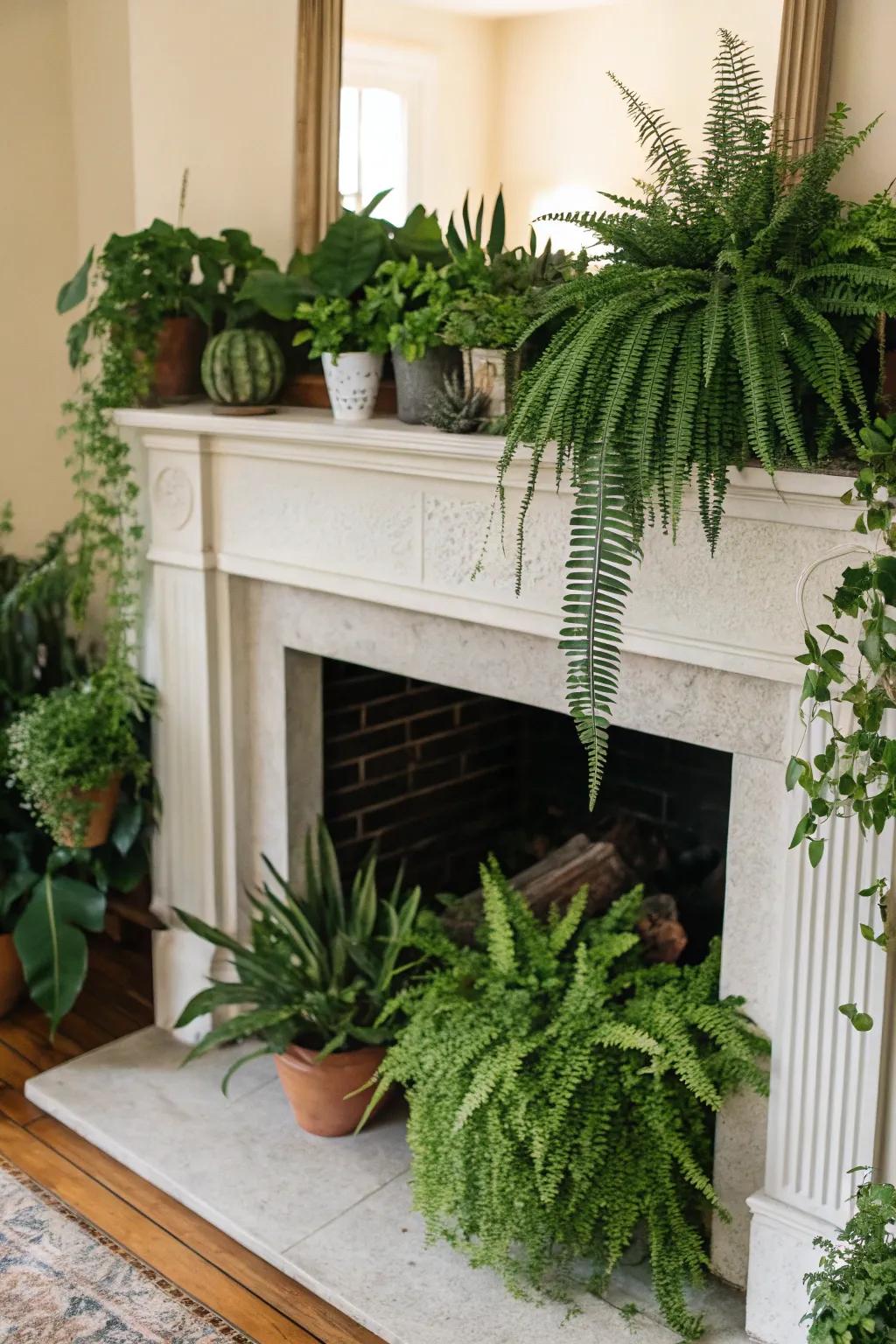 Invite nature indoors by filling your fireplace with greenery.