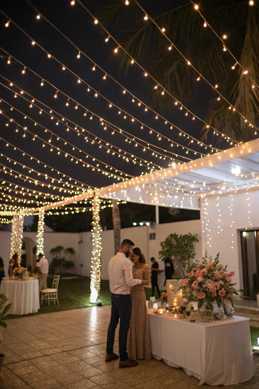 Festoon lights projecting a comforting glow upon an engagement gathering.