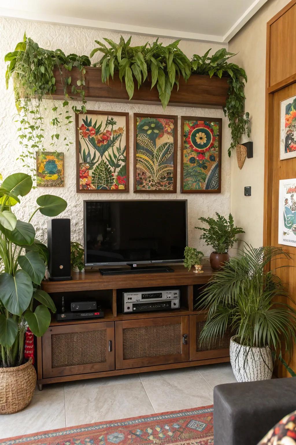 Decorative accents, like greenery and art, infuse vibrancy into this entertainment center.