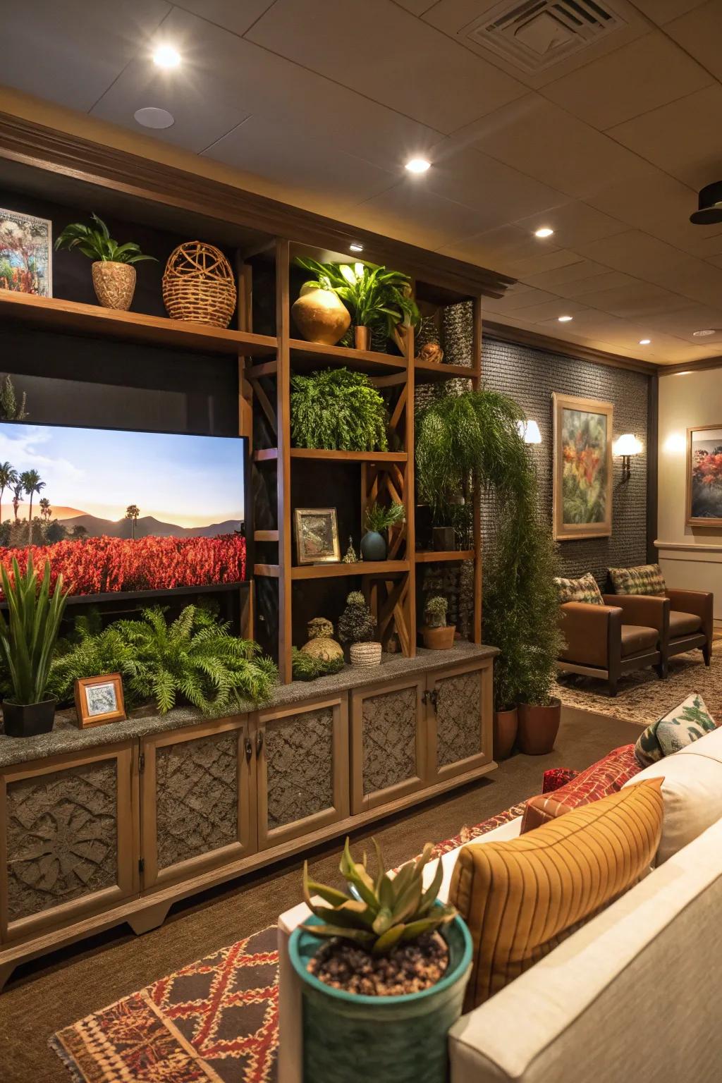 An entertainment center decorated with personal ornamental pieces.