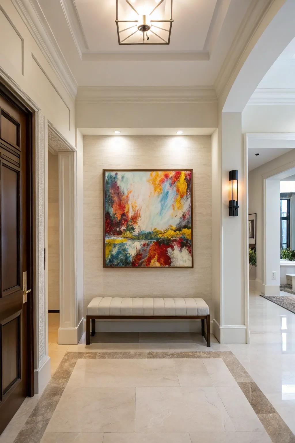 An eye-catching piece of art introduces character and vibrant color to the foyer.