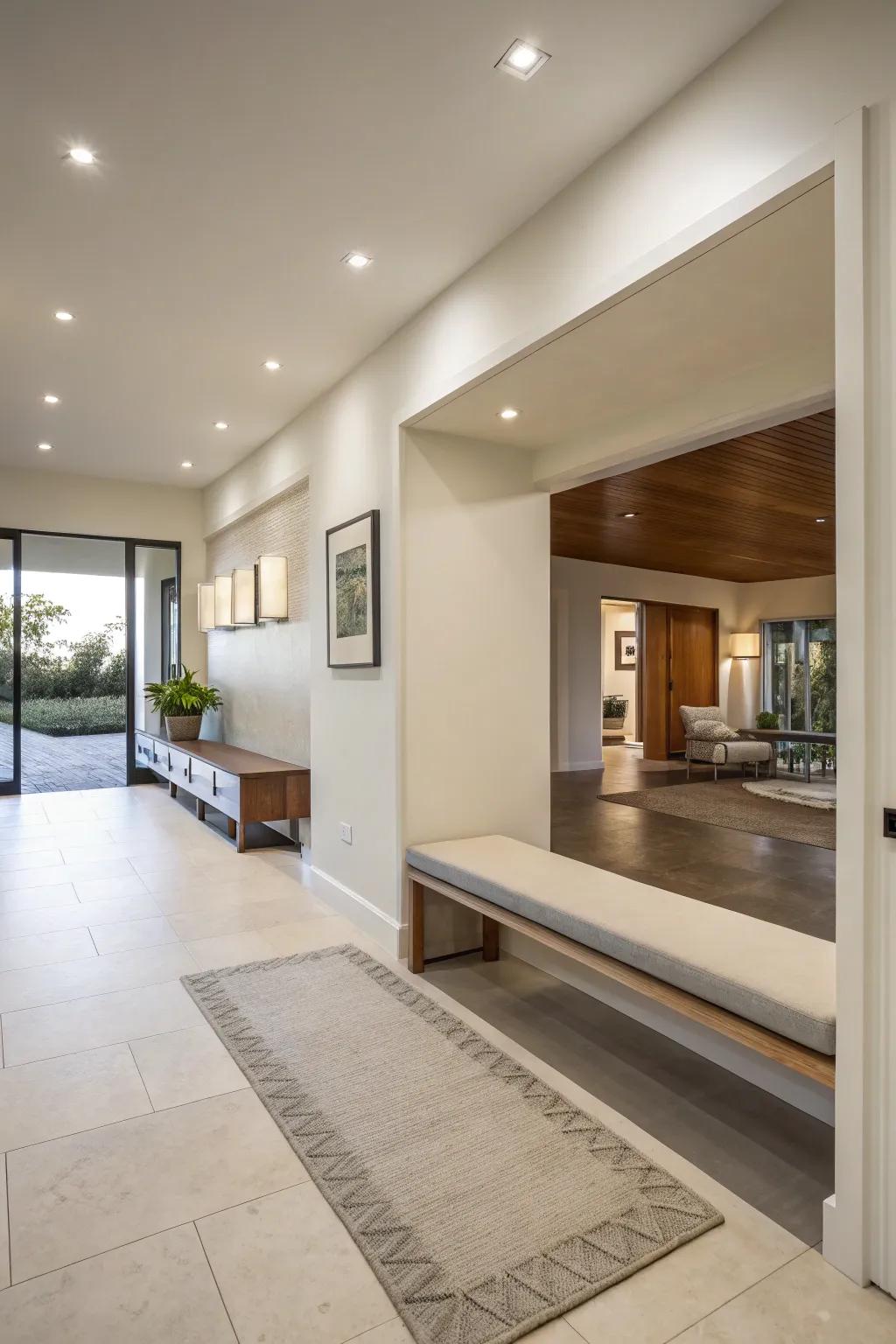 A streamlined, simple bench complements this modern and spacious entryway.