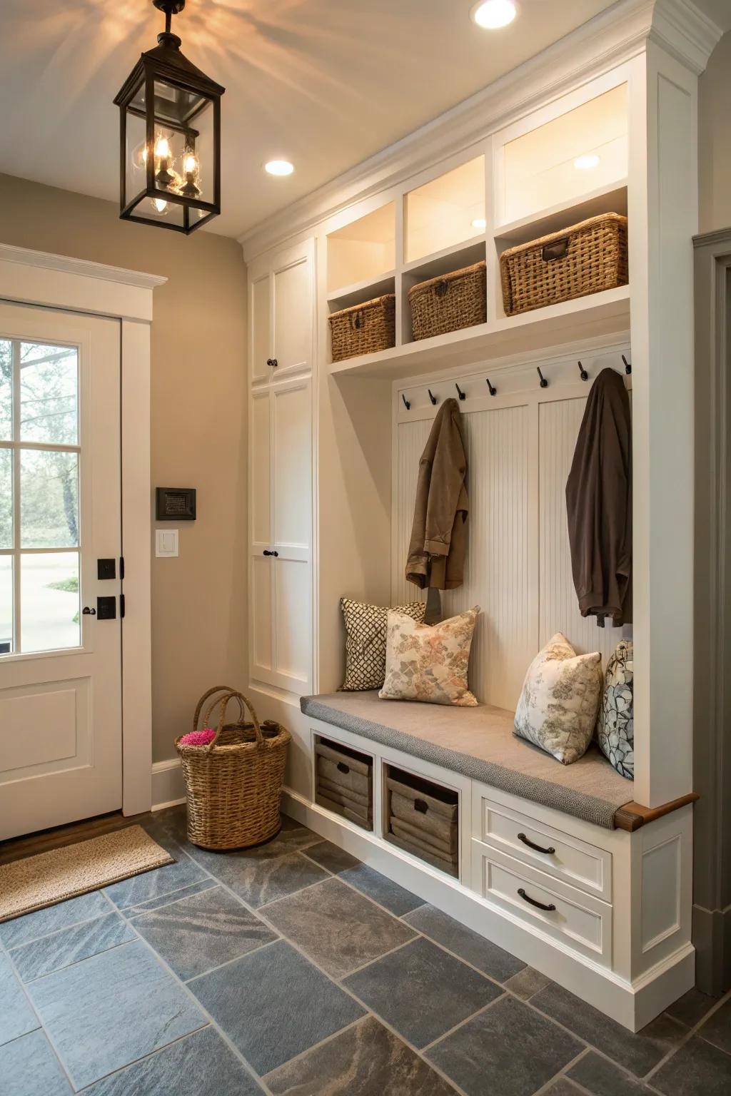 Multi-functional storage solutions maintain a clutter-free entryway.