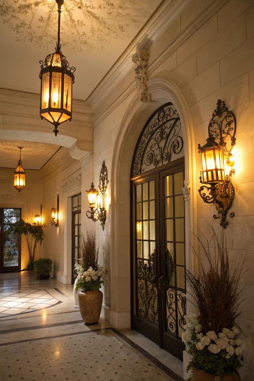 An entrance illuminated by ornamental wall sconces, engendering a refined ambiance.