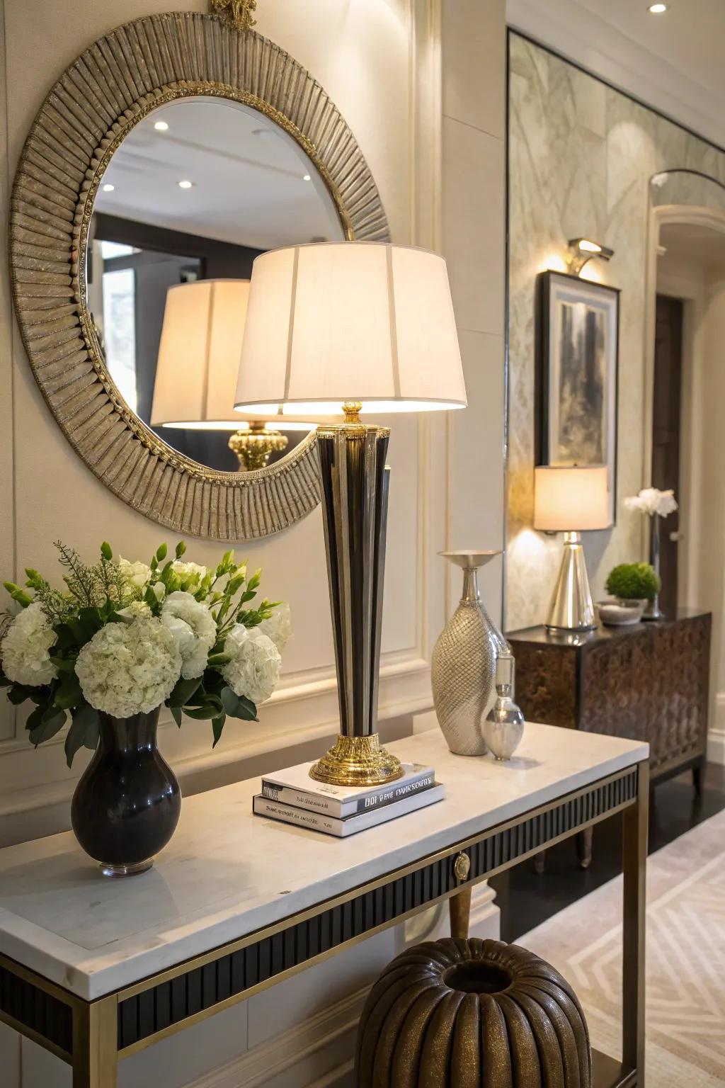 A table lamp enriches your entryway with warmth and elegance.