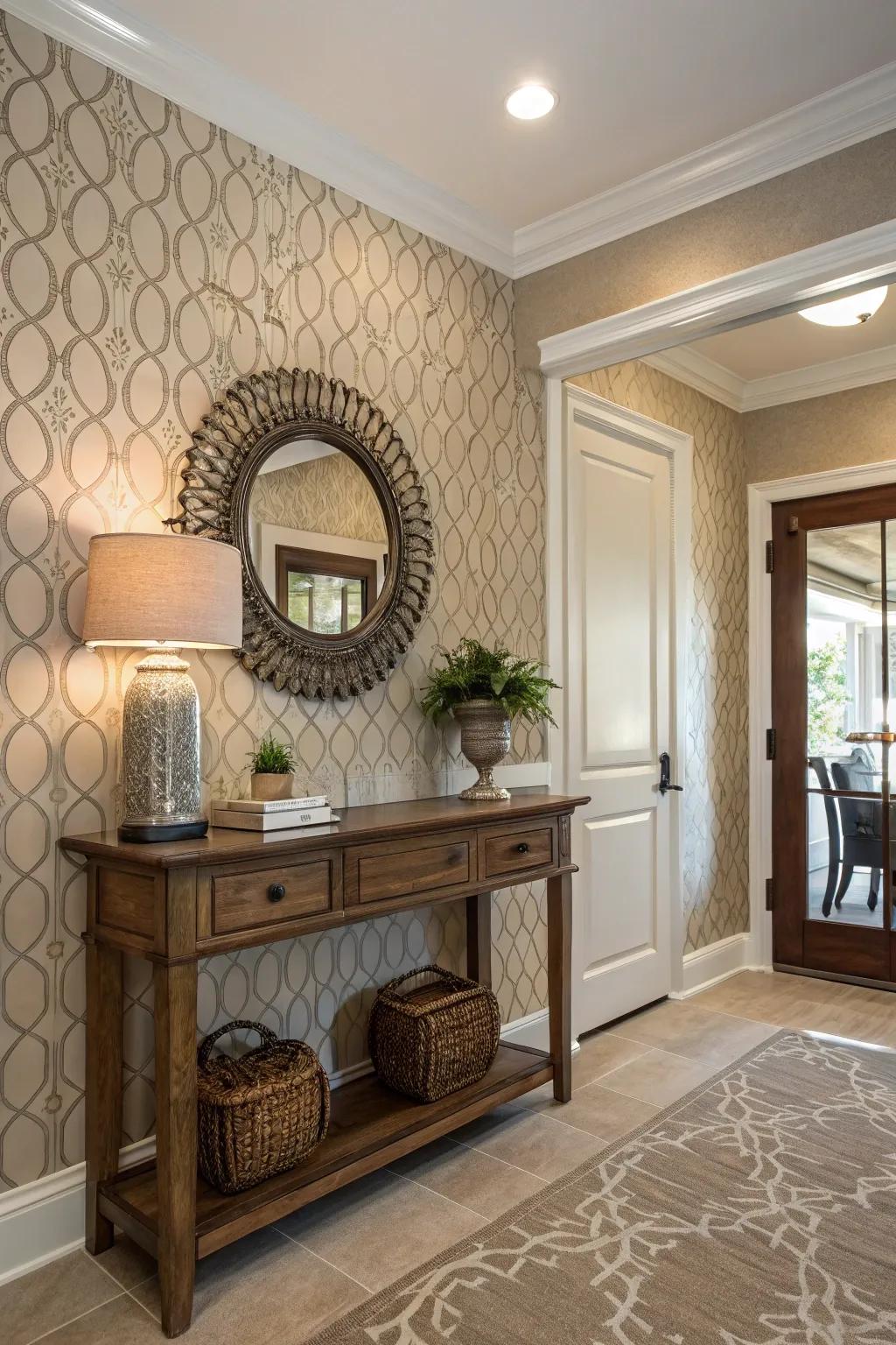 An elegant entryway showcasing textured neutral wallpaper, promoting a calming environment.