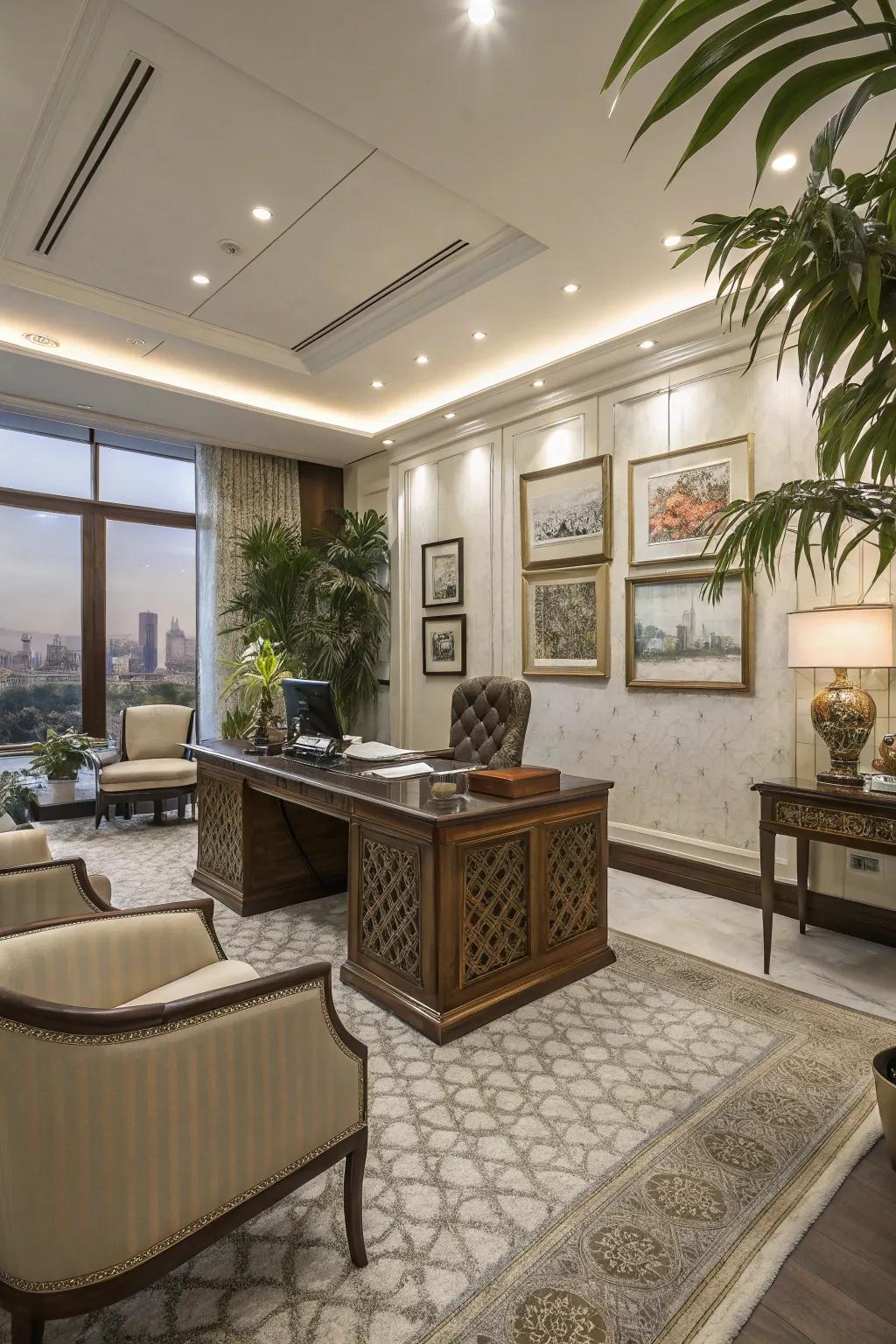 Refined decor aspects elevate this office's environment.