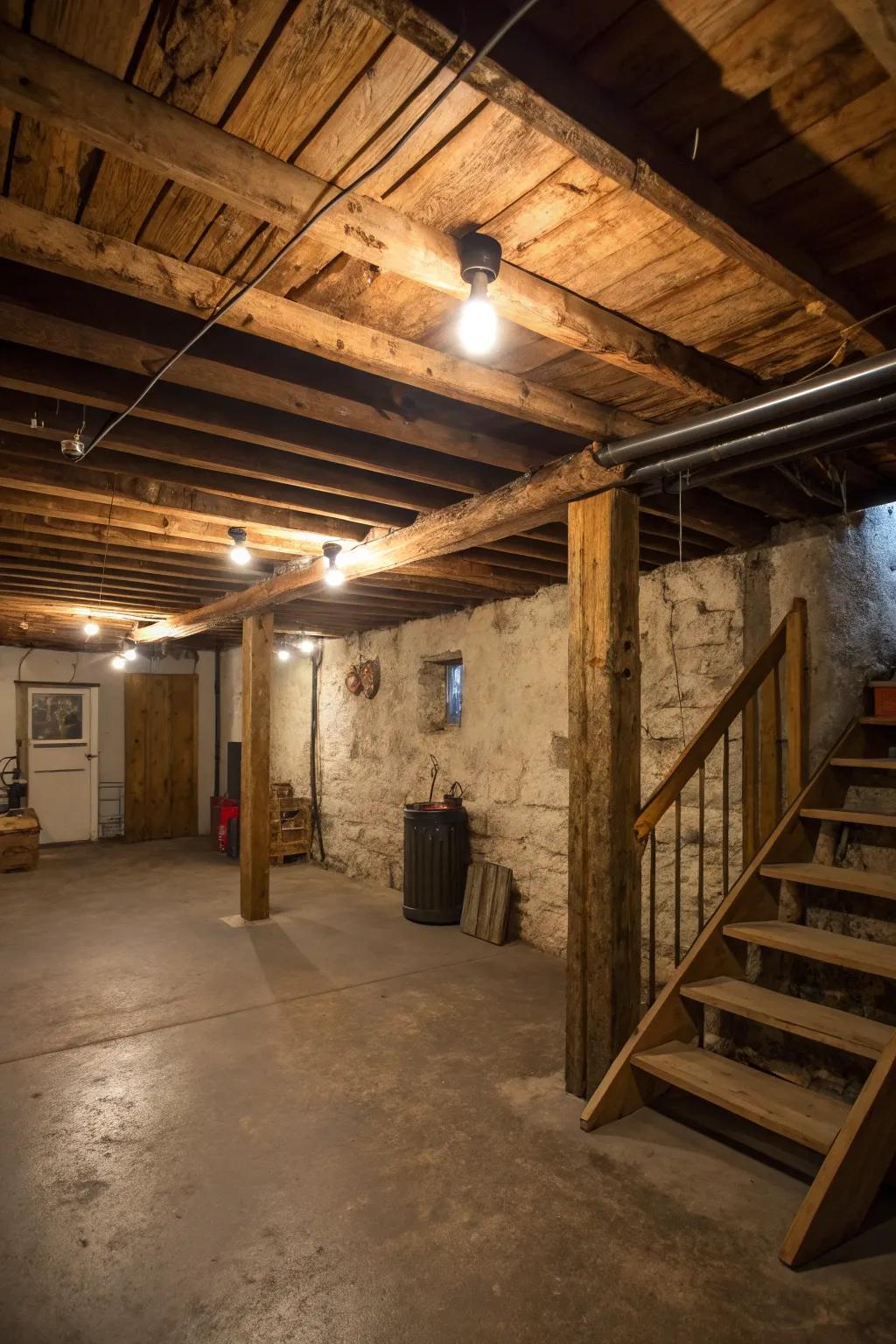 Incorporate countryside wooden supports to soften the industrial sharpness of an exposed ceiling.