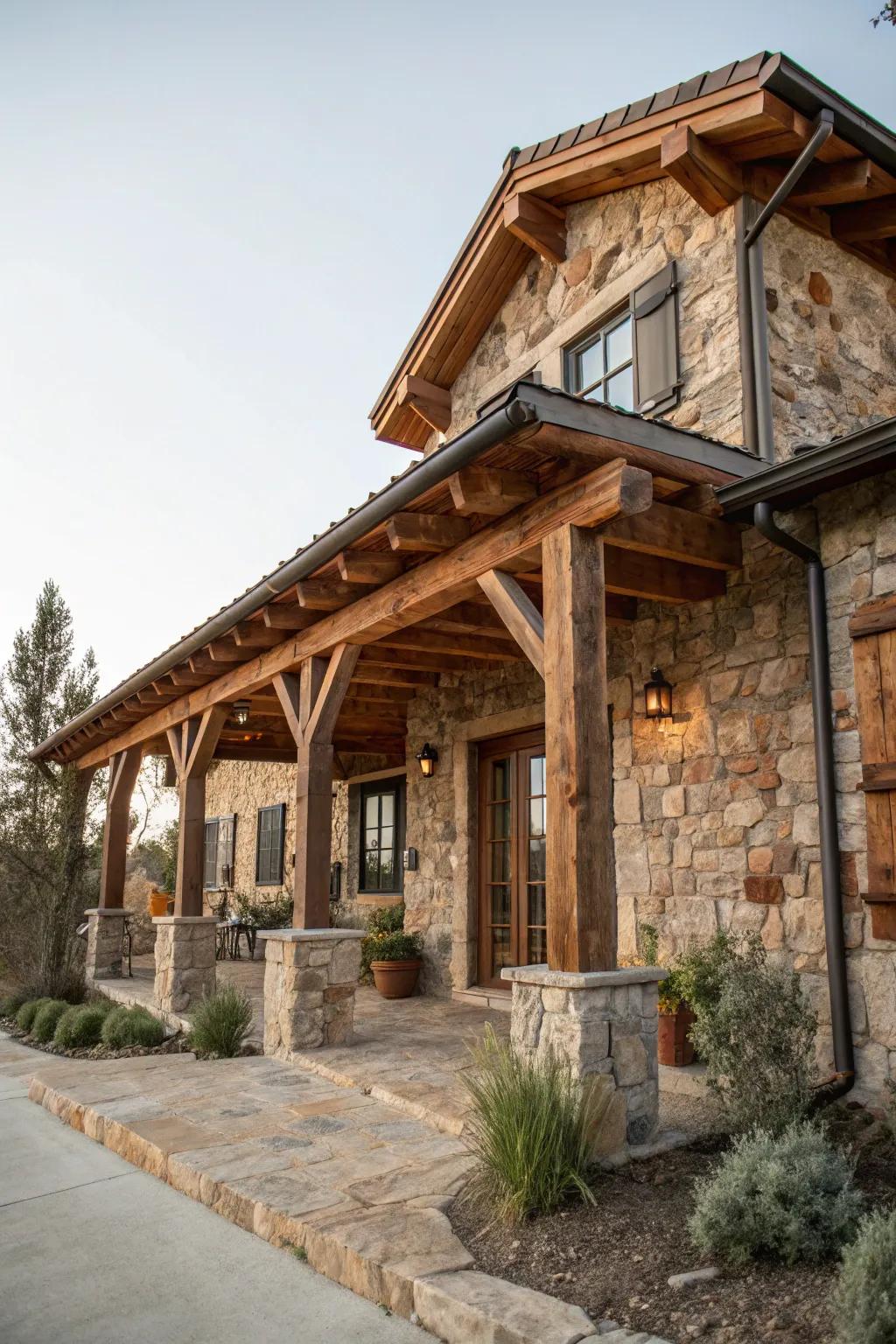 Rustic home design showcasing natural wood and stone elements.