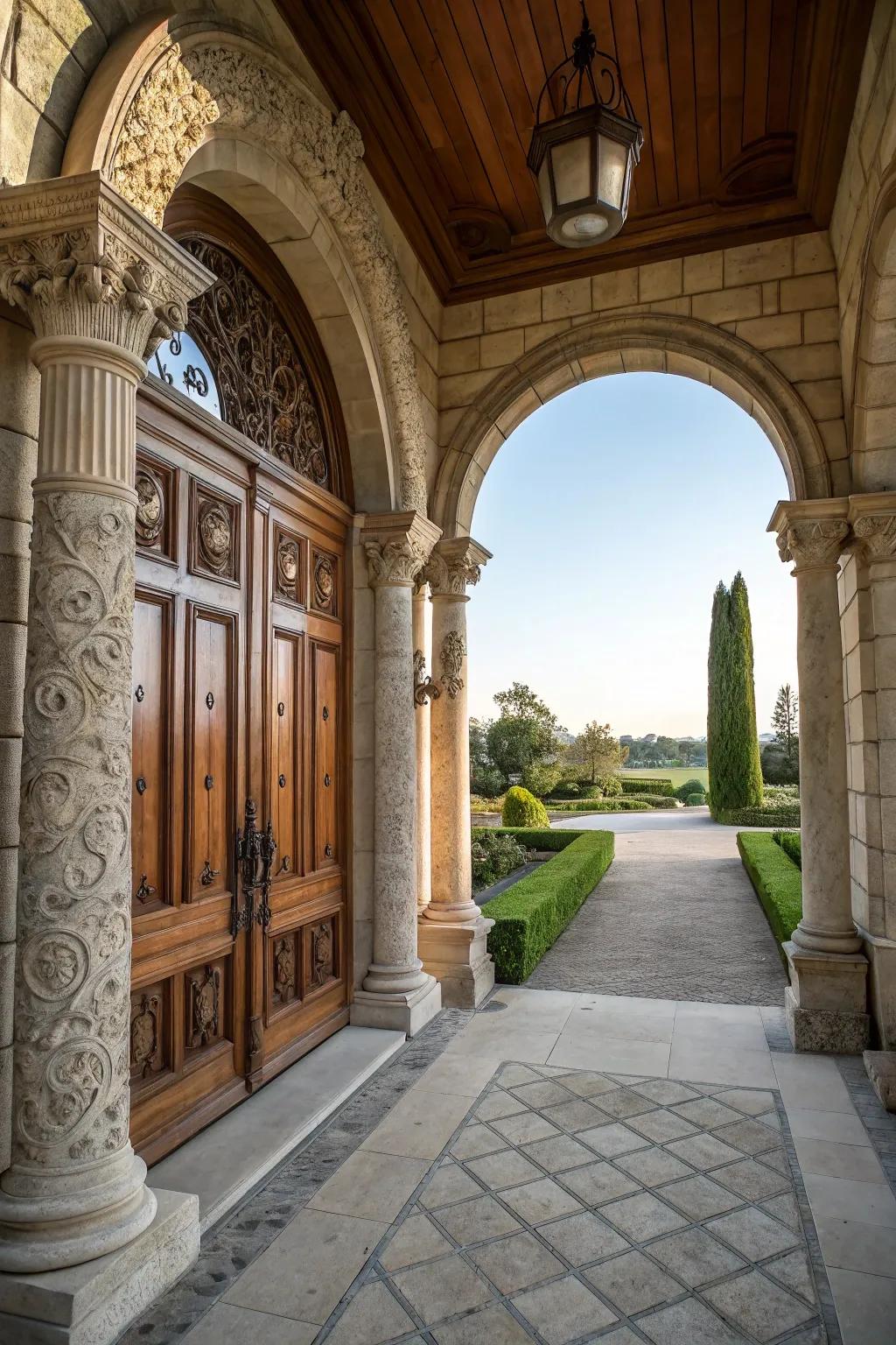 A stone-highlighted entrance creates a grand and inviting entryway.