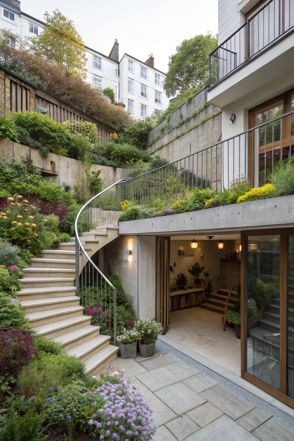 A tiered terrace with staircases linking the basement to the garden.