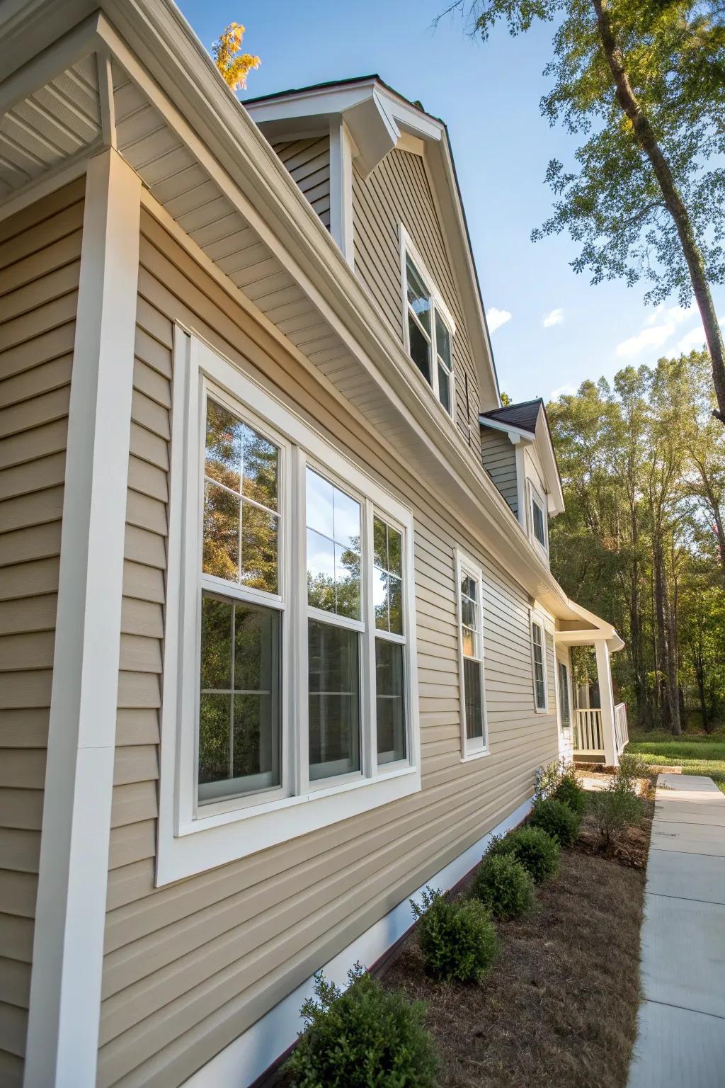 Layered trims enhance windows with added depth and dimension.