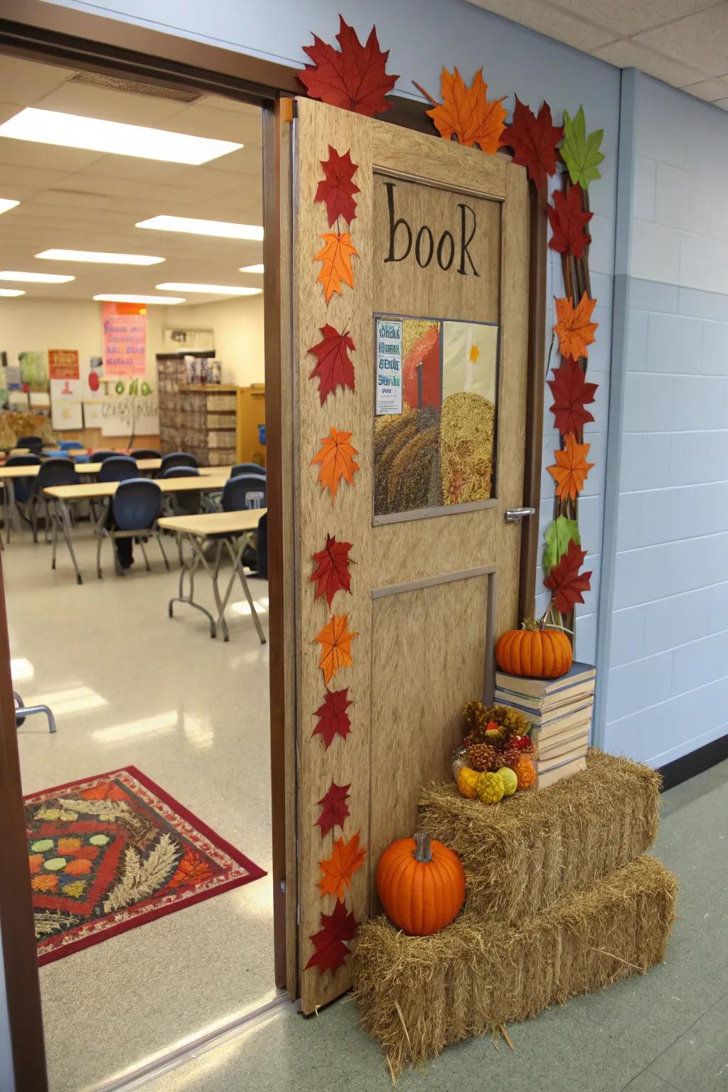 A harvest-themed entrance featuring books and straw bundles.