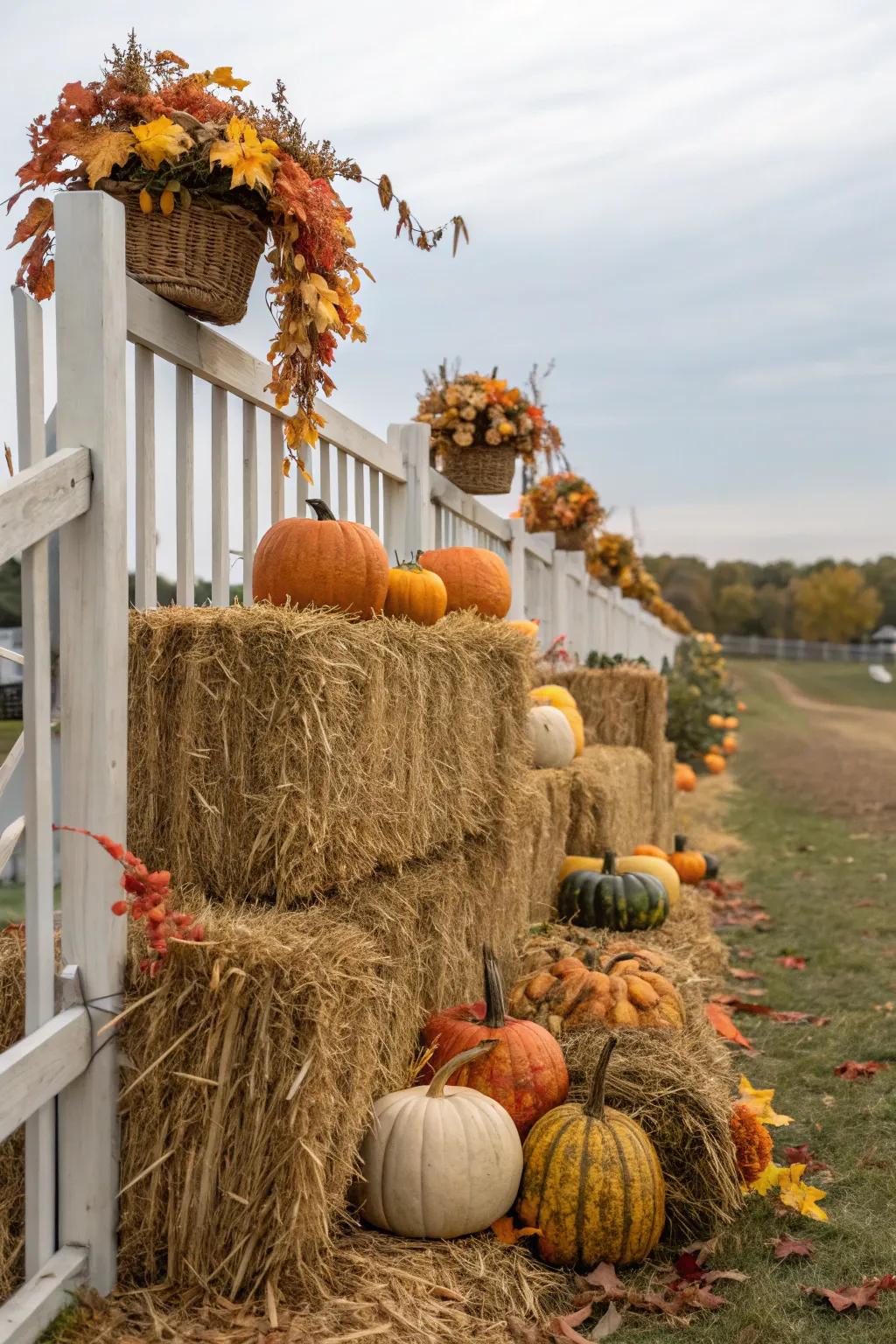 Hay bales serve as risers for autumn ornamentation, adding visual depth to the setting.