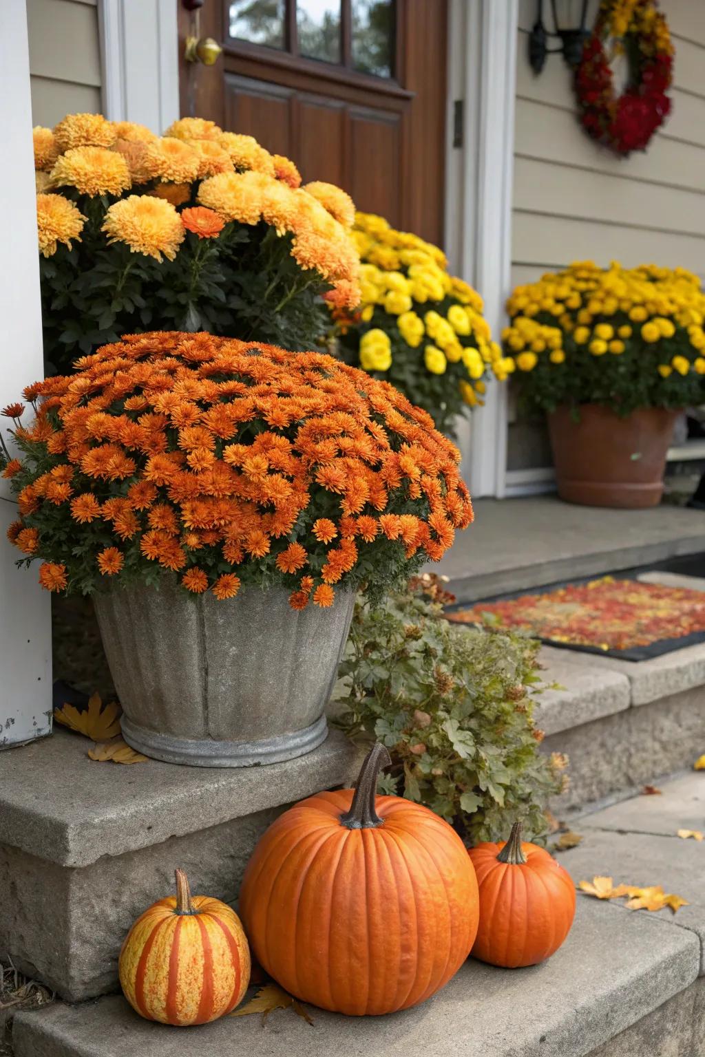 Mums and gourds create a vibrant autumn duo.