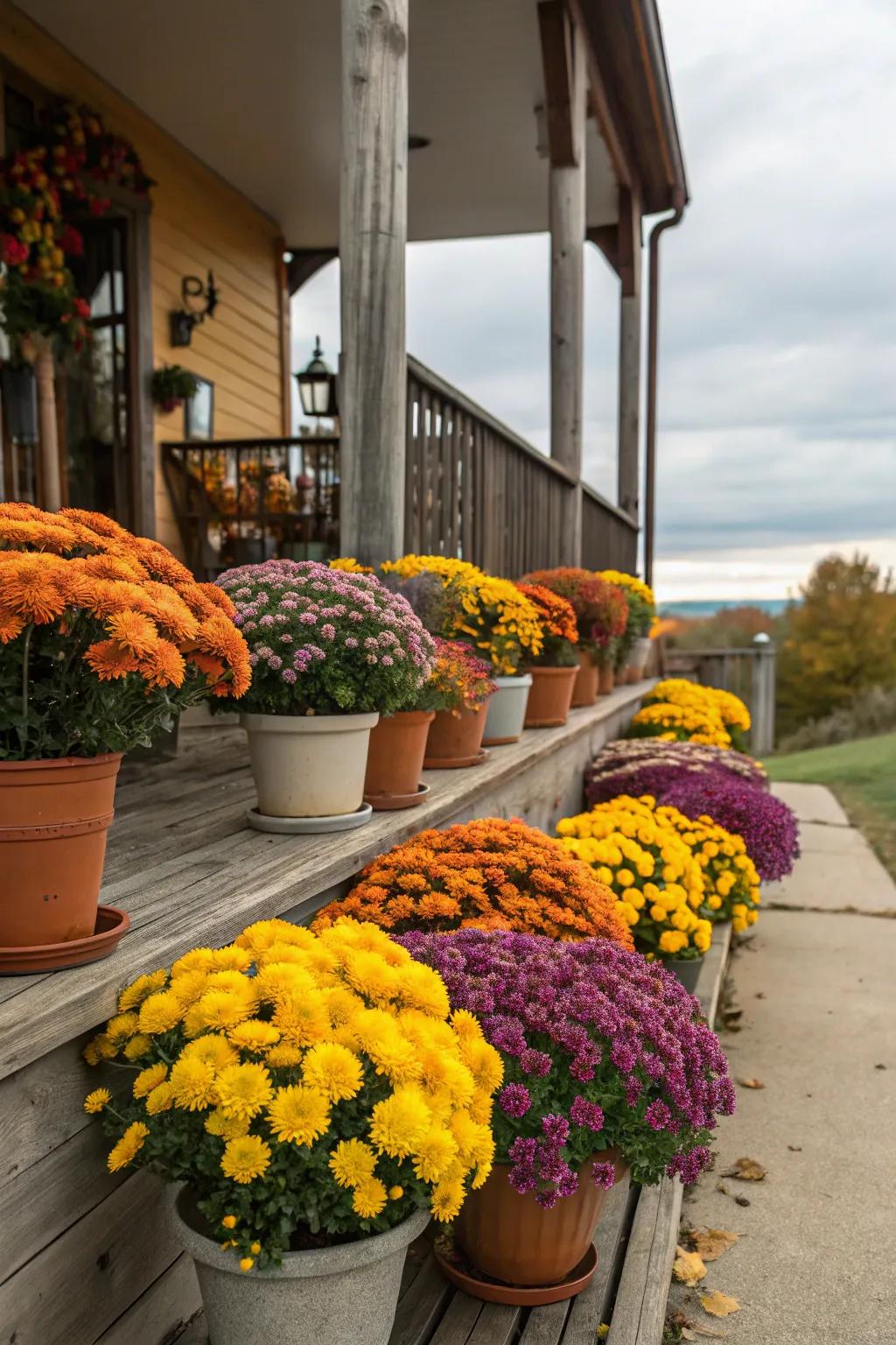 Vivid floral blooms in autumnal shades infuse spirited pigmentation into your porch.