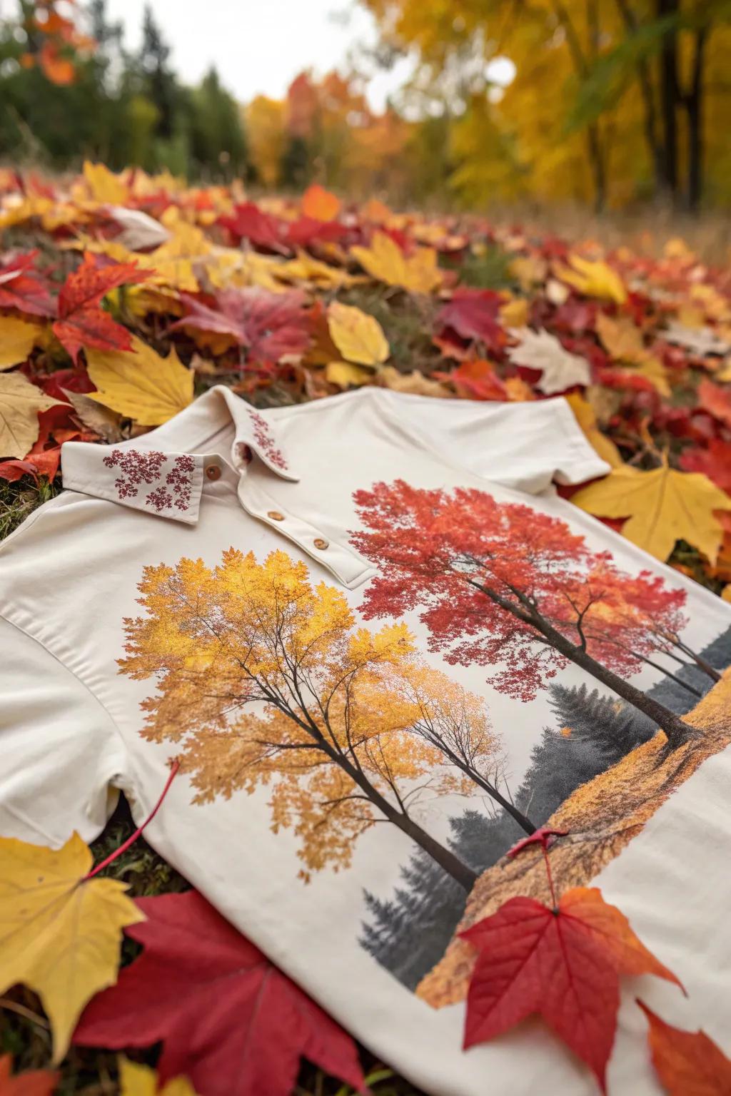 Shirts featuring nature-inspired visuals bring the essence of fall to life.