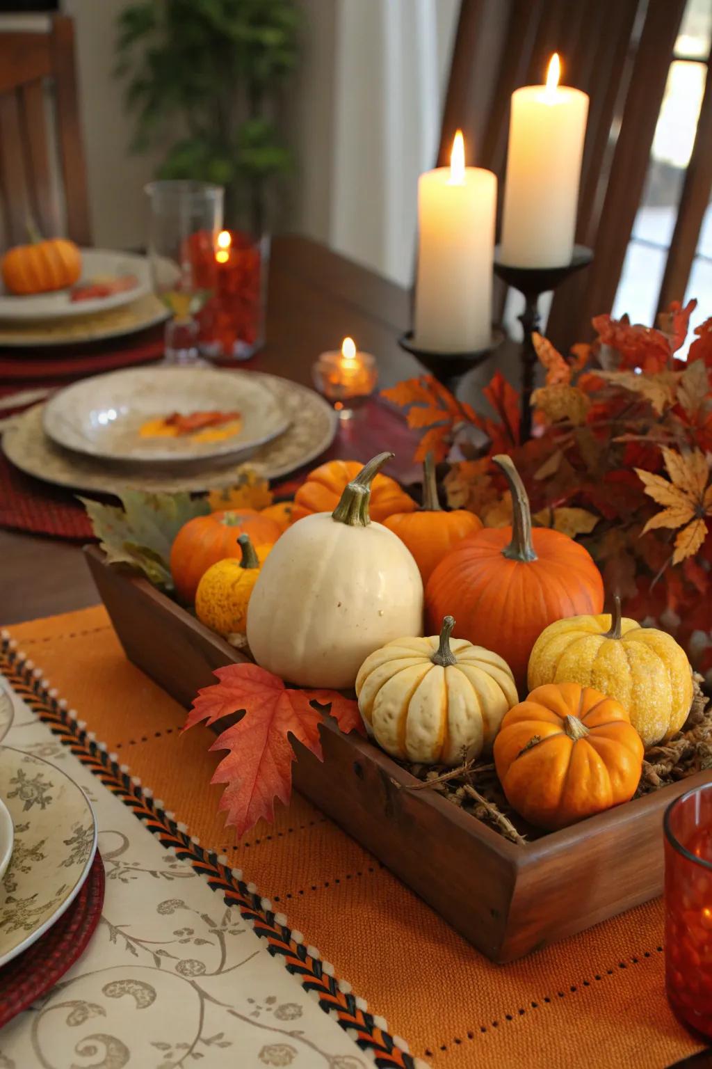 Squashes and gourds contribute texture and intrigue to your autumnal centerpiece.