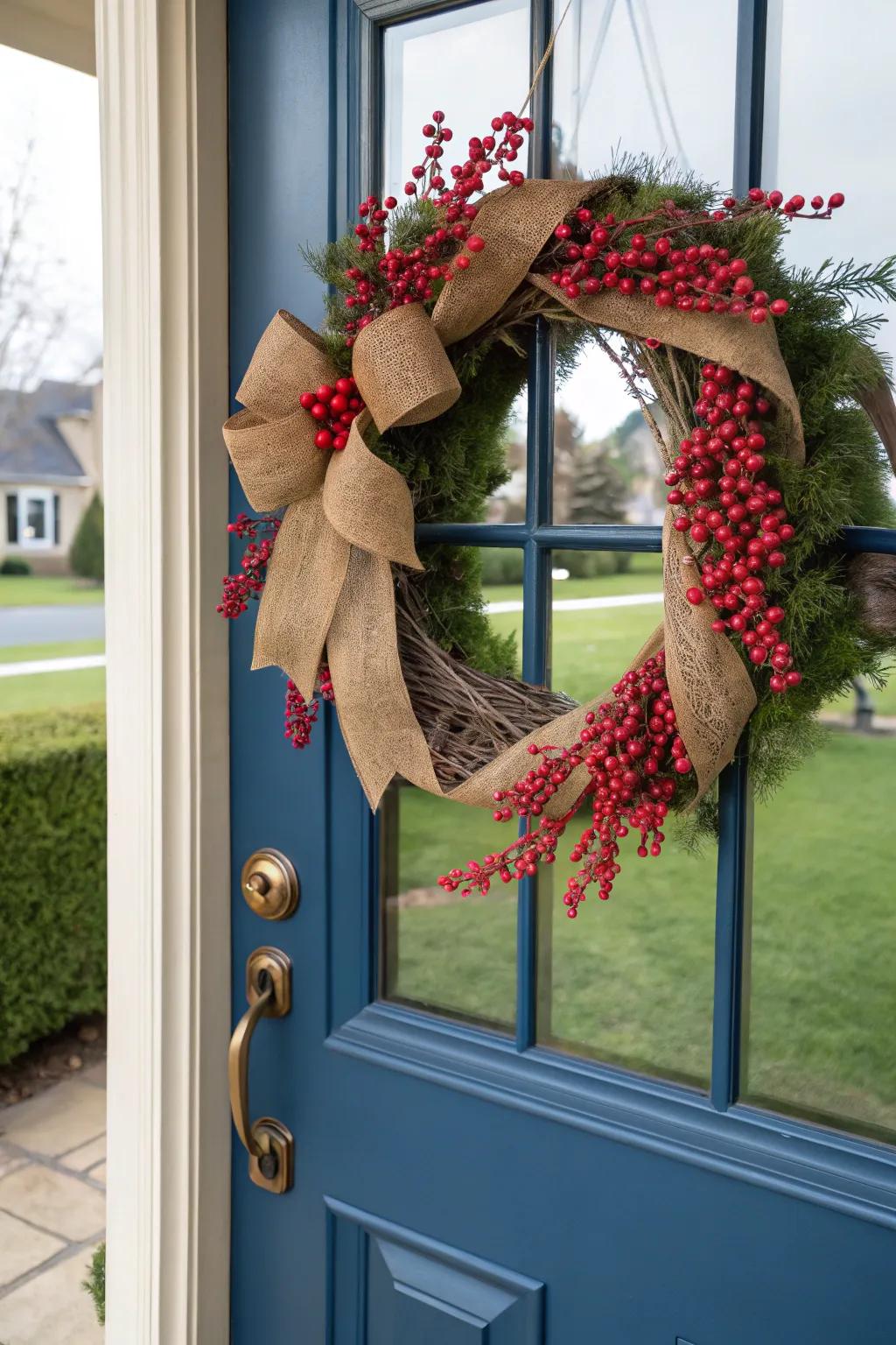 Hessian and drupes fashion an enchanting seasonal wreath.