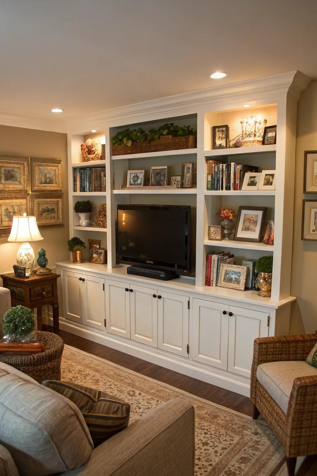 Open shelving provides room for decor and a smooth TV integration.