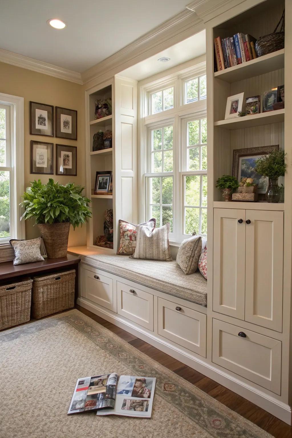 A family room with clever hidden storage solutions.