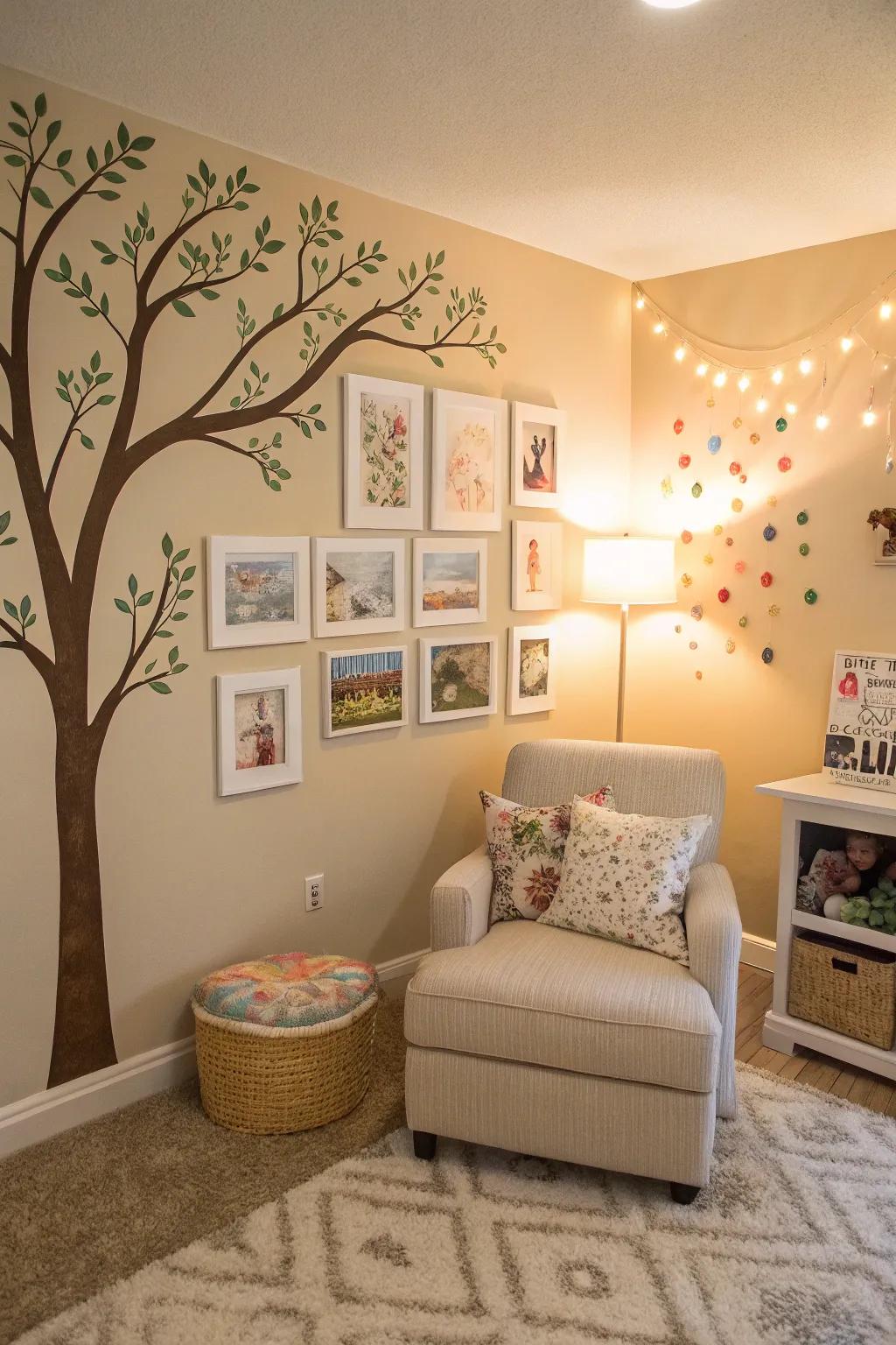 Playful wall stickers accentuate family visuals.